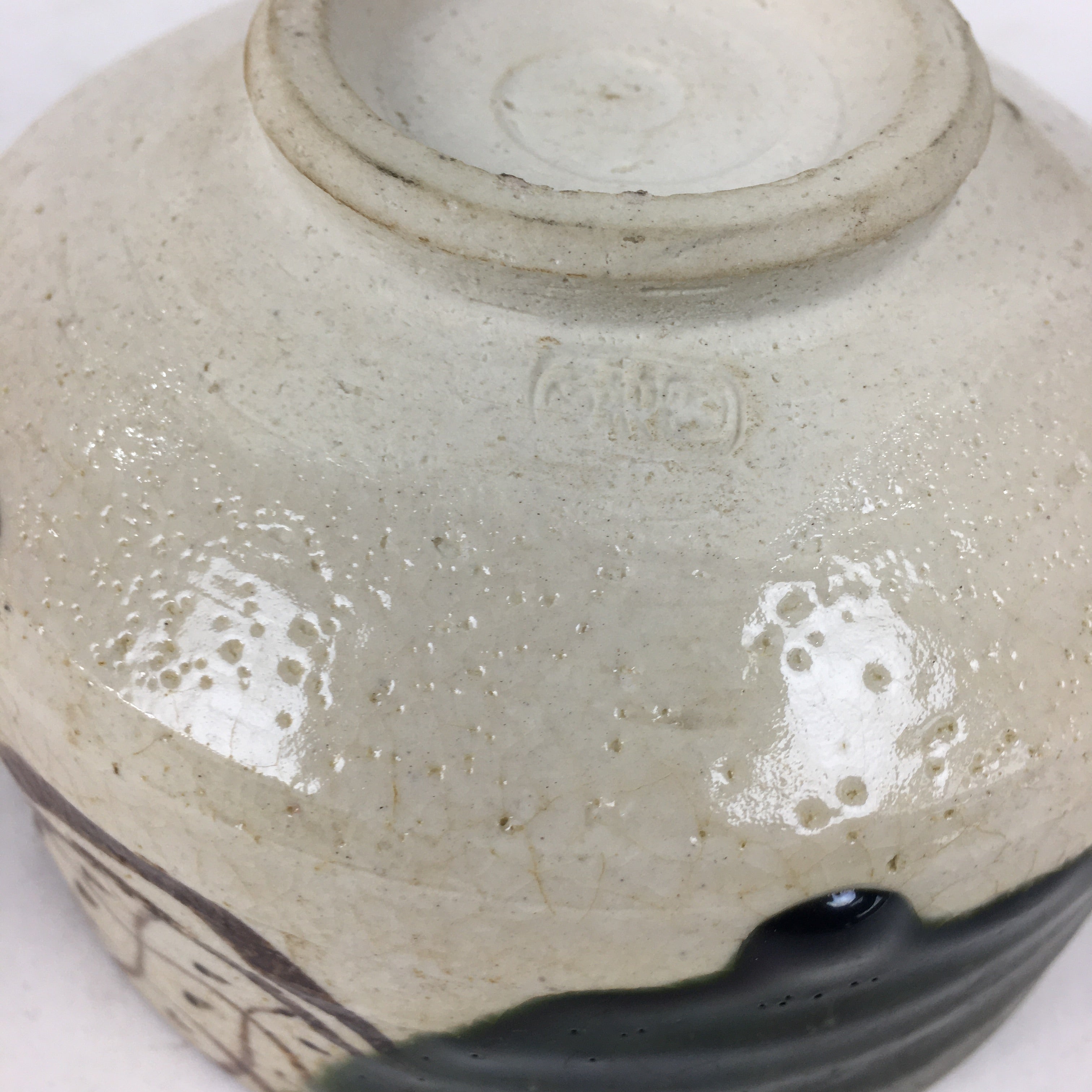 Japanese Ceramic Green Tea Bowl Oribe Ware Vtg Chawan Boxed Pottery PX574