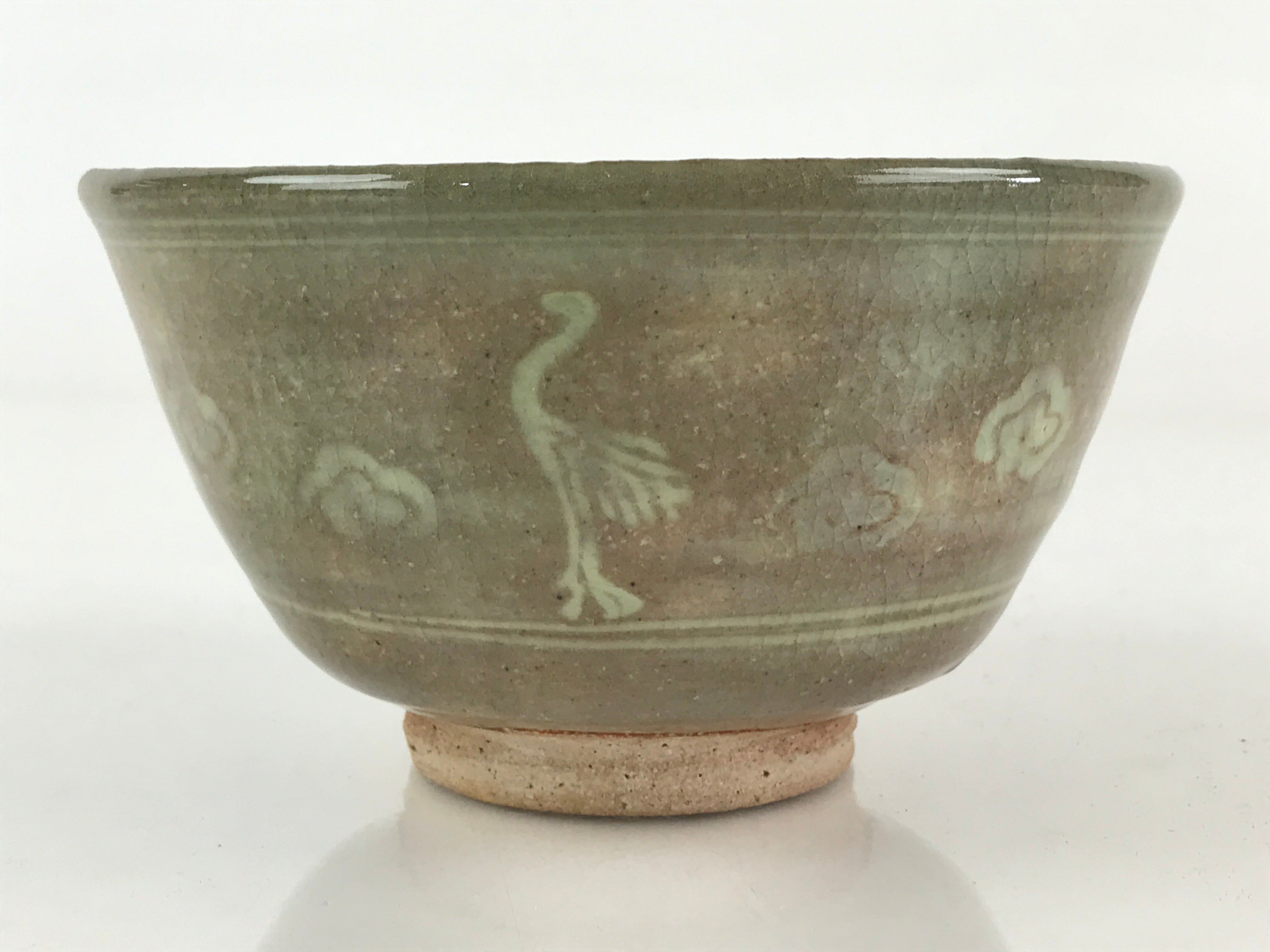 Japanese Ceramic Green Tea Bowl Vtg Chawan Tea Ceremony Matcha Crane GTB971