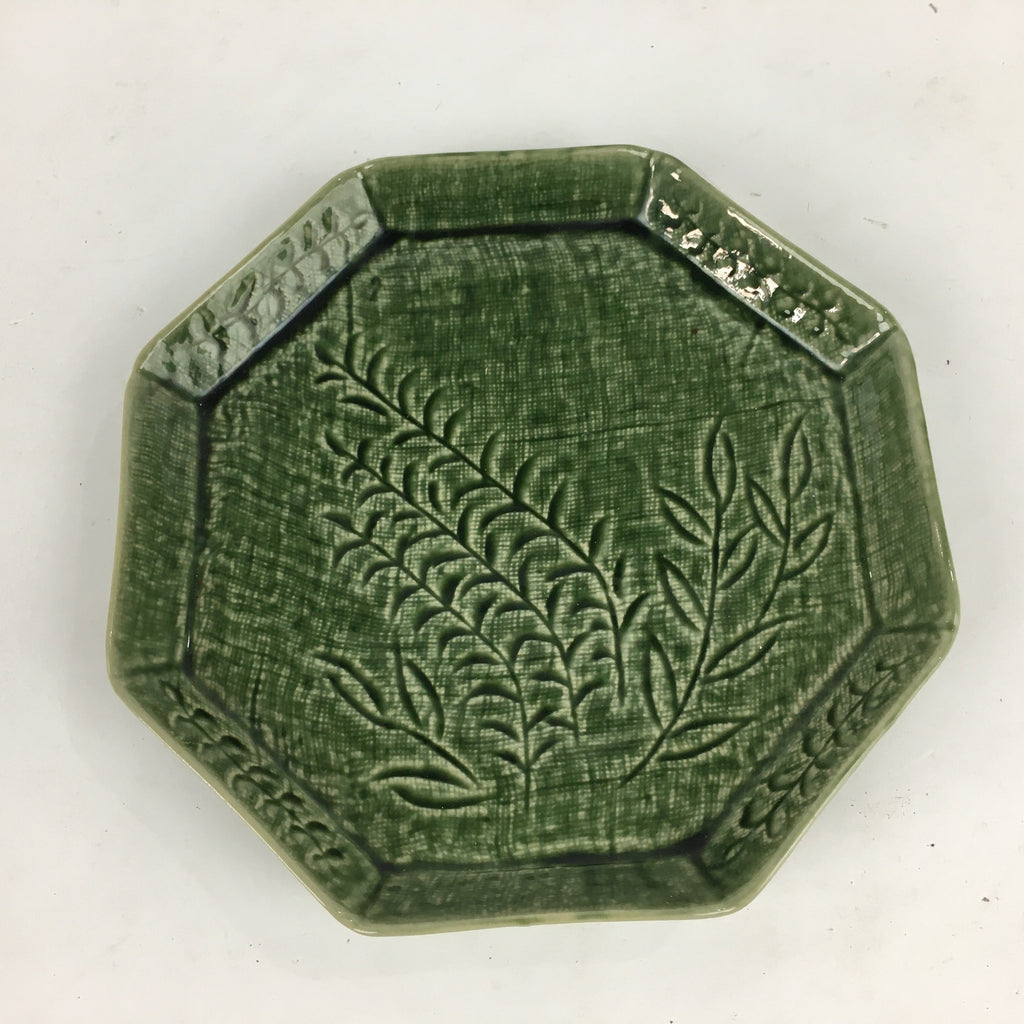 Japanese Ceramic Green glaze Plate Vtg Octagon Shape Sara Plants PP906