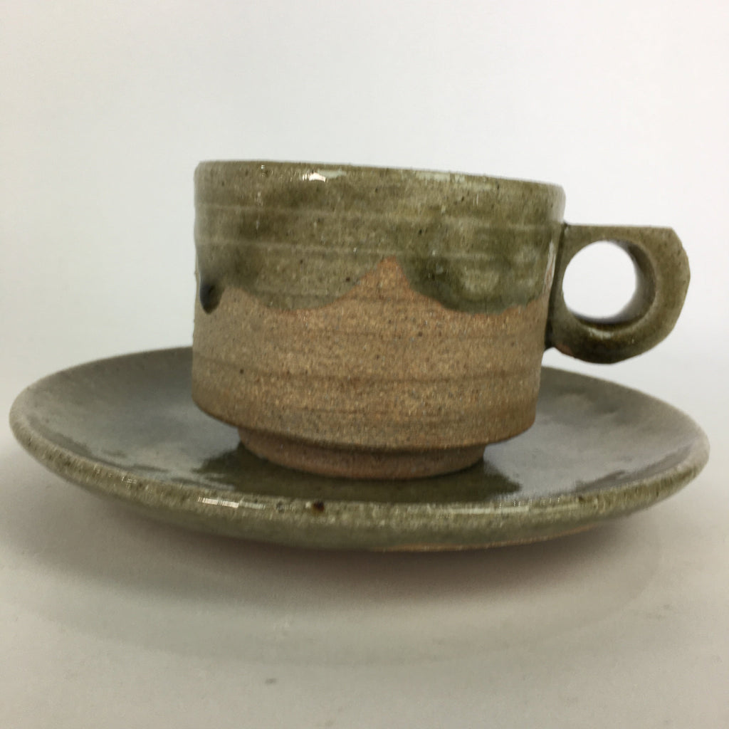Japanese Ceramic Igayaki Teacup Mug Saucer Vtg Cup Plate Set Green Glaze PP571