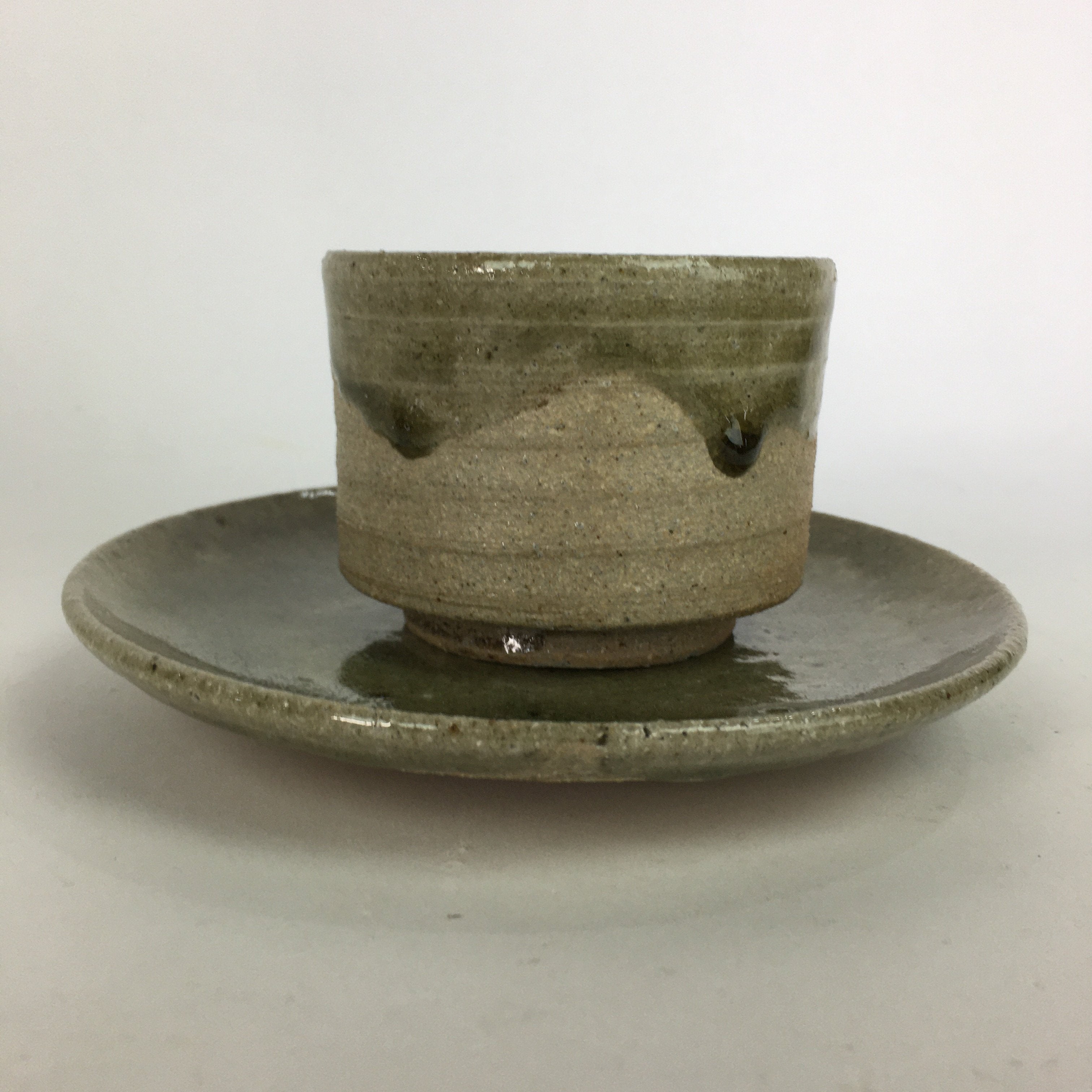 Japanese Ceramic Igayaki Teacup Mug Saucer Vtg Cup Plate Set Green Glaze PP571