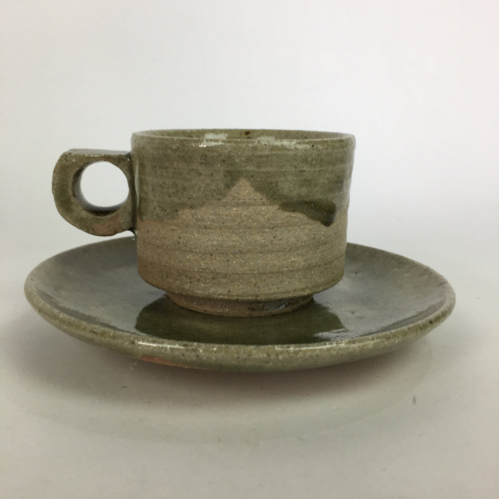 Japanese Ceramic Igayaki Teacup Mug Saucer Vtg Cup Plate Set Green Glaze PP571