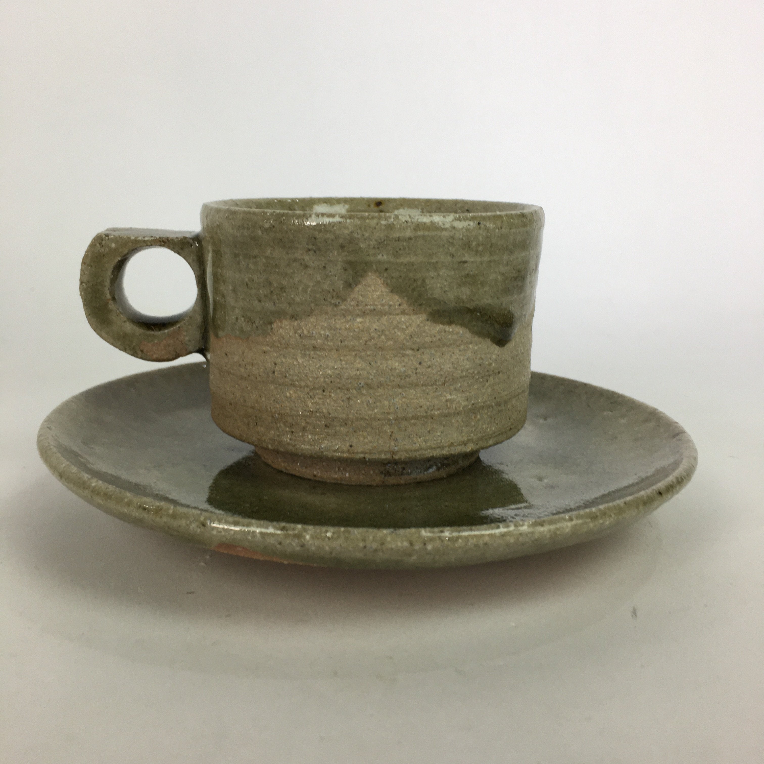 Japanese Ceramic Igayaki Teacup Mug Saucer Vtg Cup Plate Set Green Glaze PP571