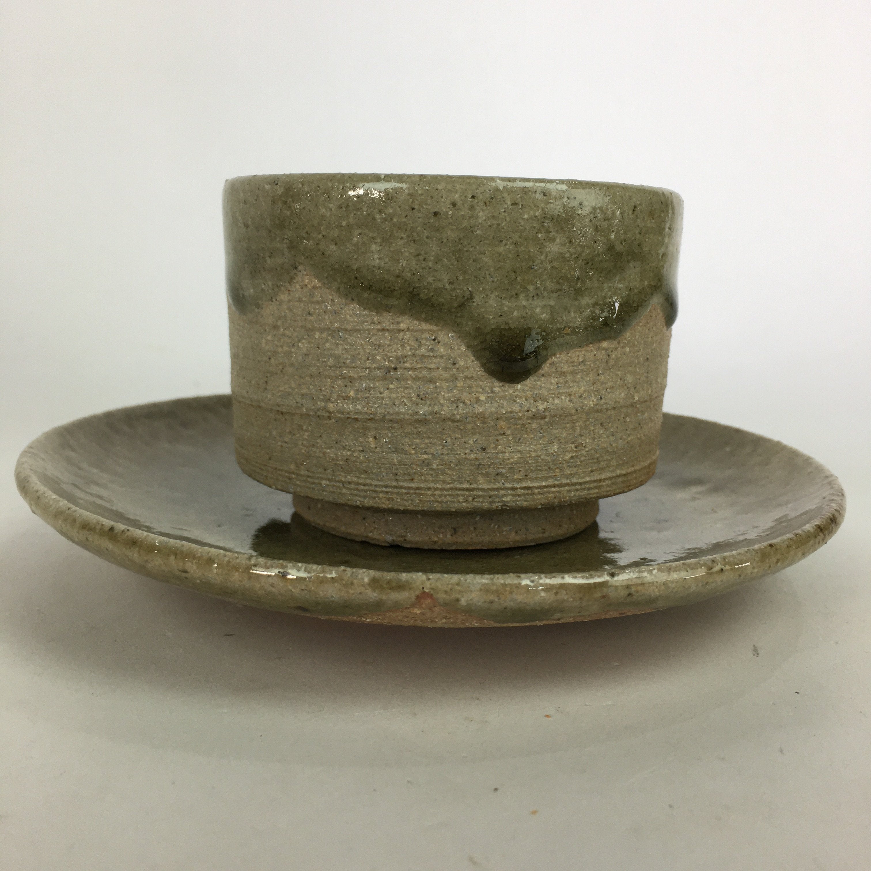 Japanese Ceramic Igayaki Teacup Mug Saucer Vtg Cup Plate Set Green Glaze PP573