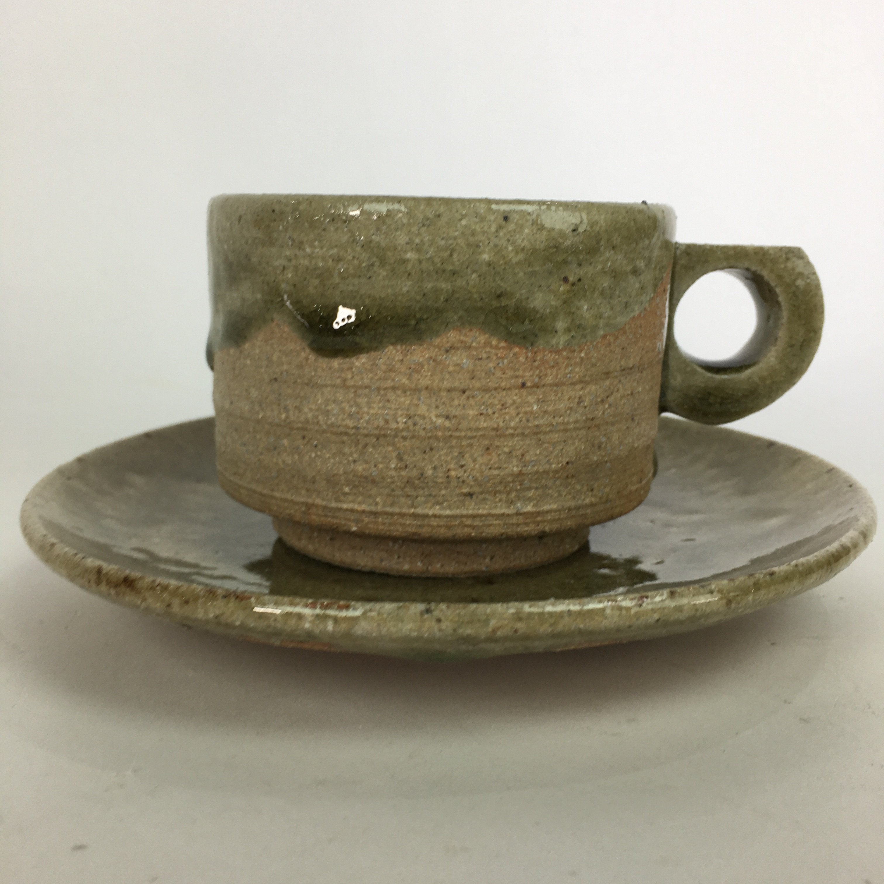 Japanese Ceramic Igayaki Teacup Mug Saucer Vtg Cup Plate Set Green Glaze PP573