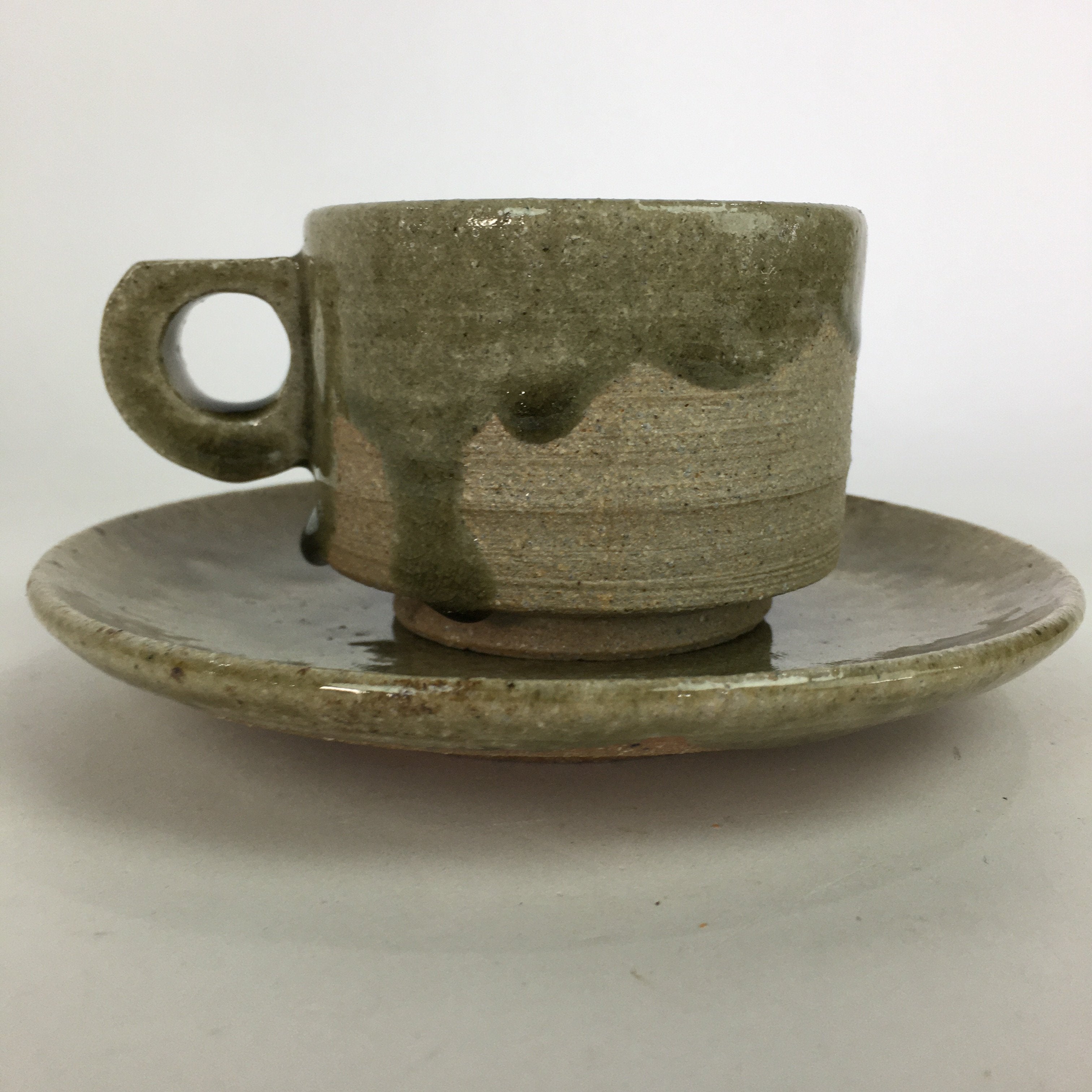 Japanese Ceramic Igayaki Teacup Mug Saucer Vtg Cup Plate Set Green Glaze PP573