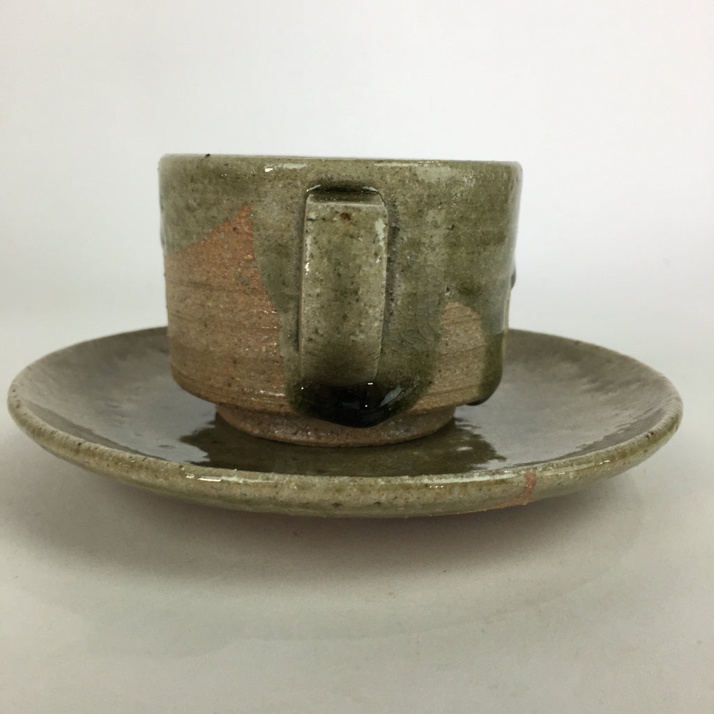 Japanese Ceramic Igayaki Teacup Mug Saucer Vtg Cup Plate Set Green Glaze PP573