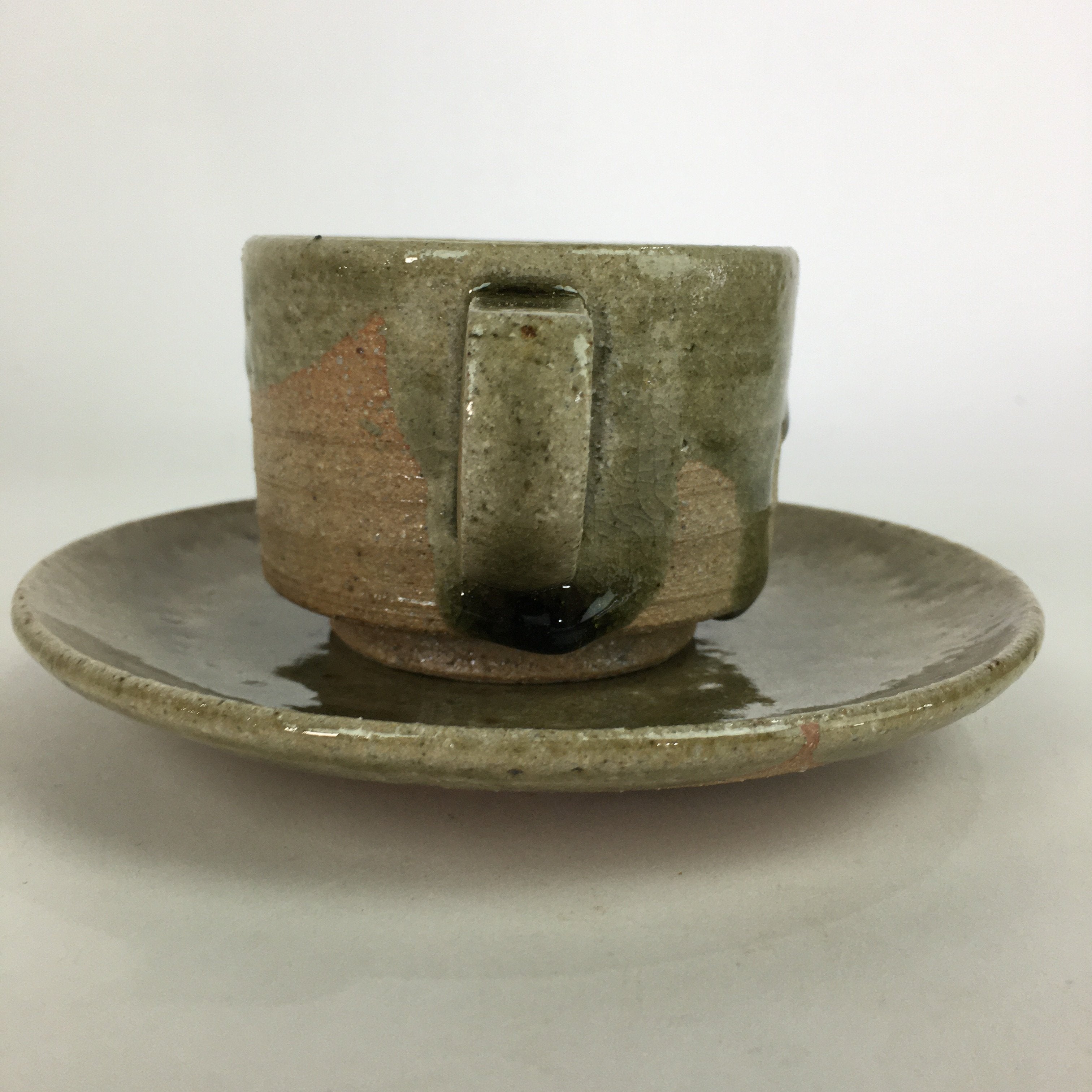 Japanese Ceramic Igayaki Teacup Mug Saucer Vtg Cup Plate Set Green Glaze PP573