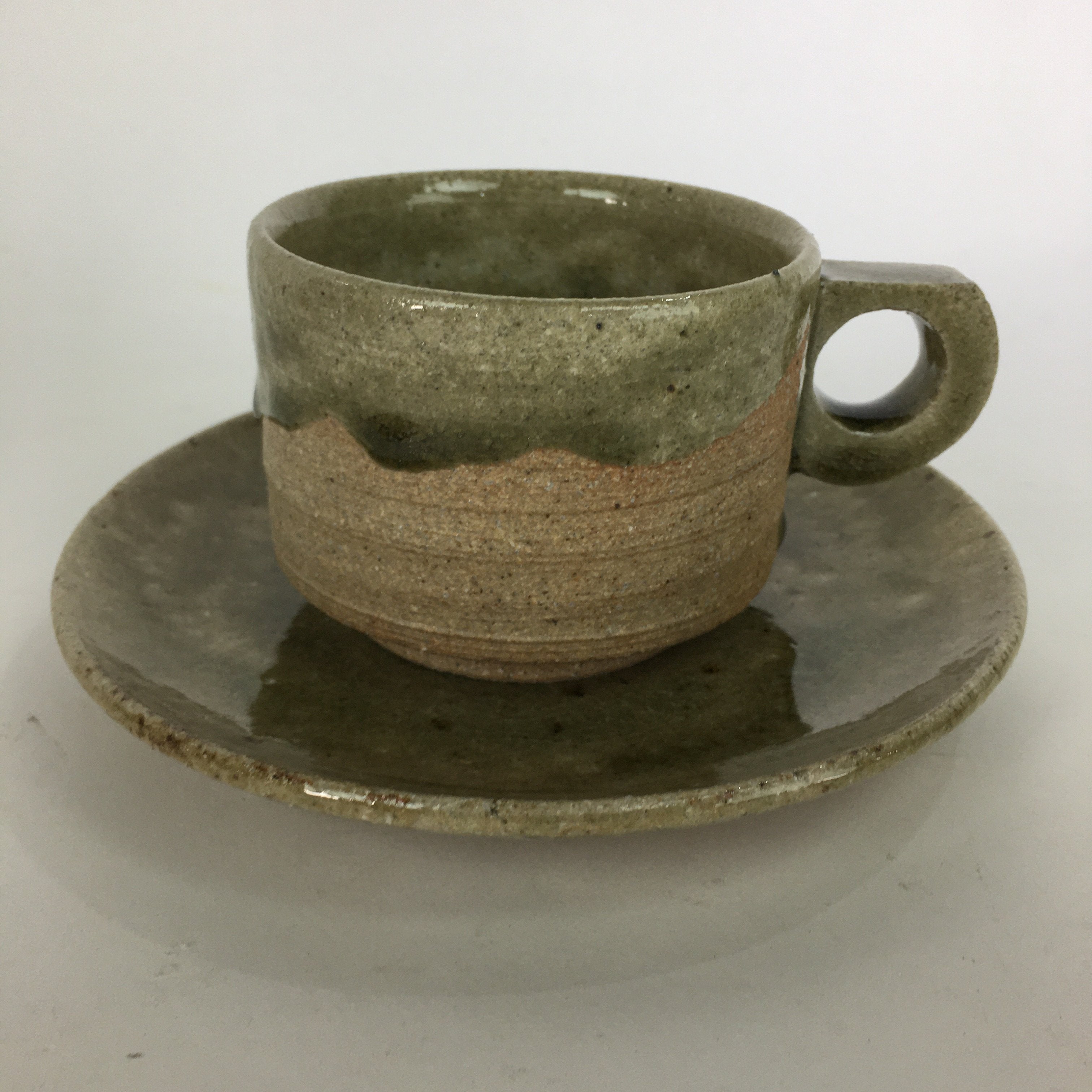 Japanese Ceramic Igayaki Teacup Mug Saucer Vtg Cup Plate Set Green Glaze PP573