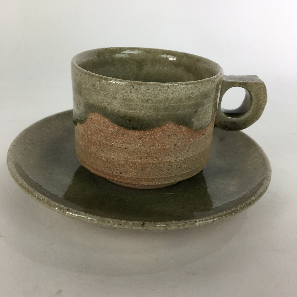 Japanese Ceramic Igayaki Teacup Mug Saucer Vtg Cup Plate Set Green Glaze PP574