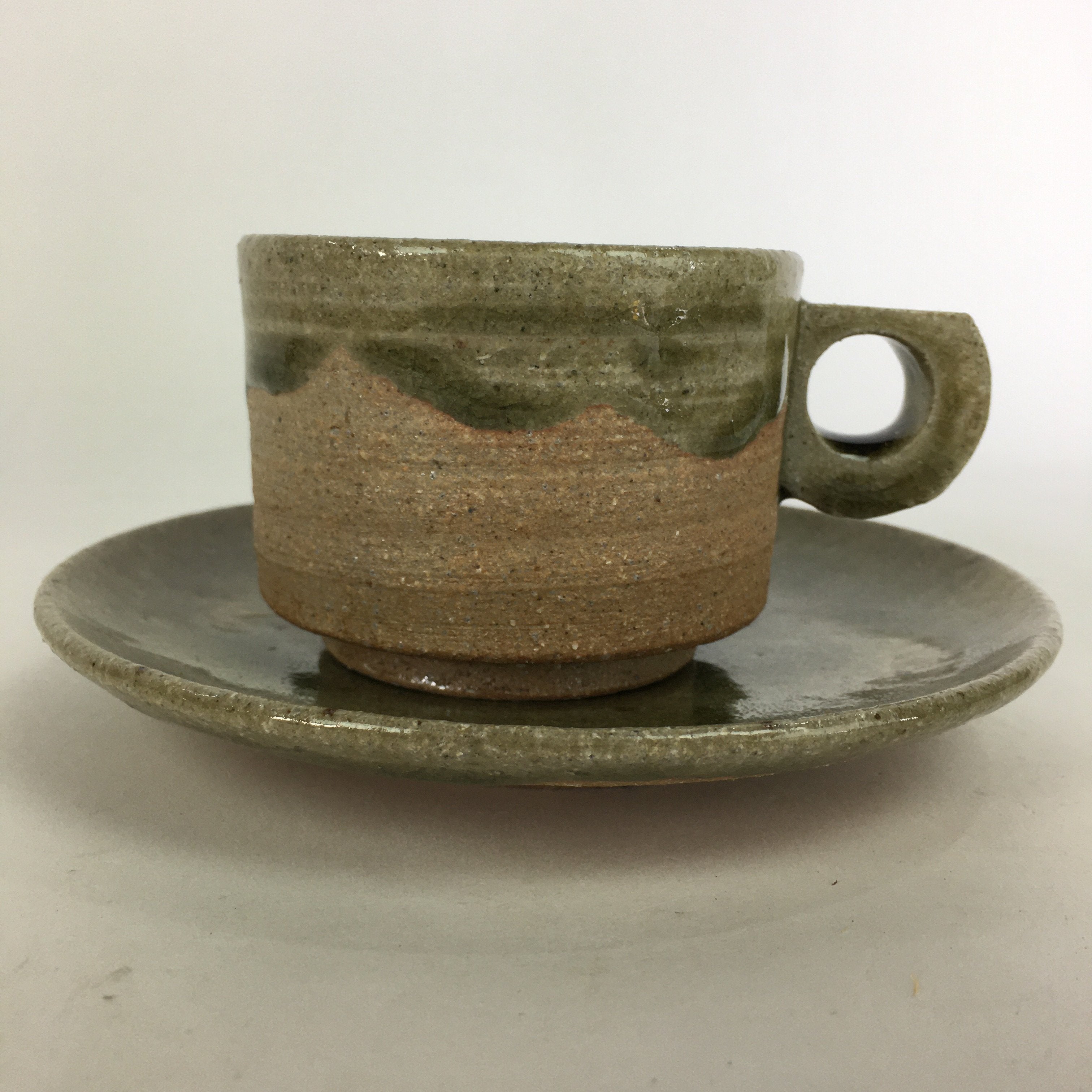 Japanese Ceramic Igayaki Teacup Mug Saucer Vtg Cup Plate Set Green Glaze PP575