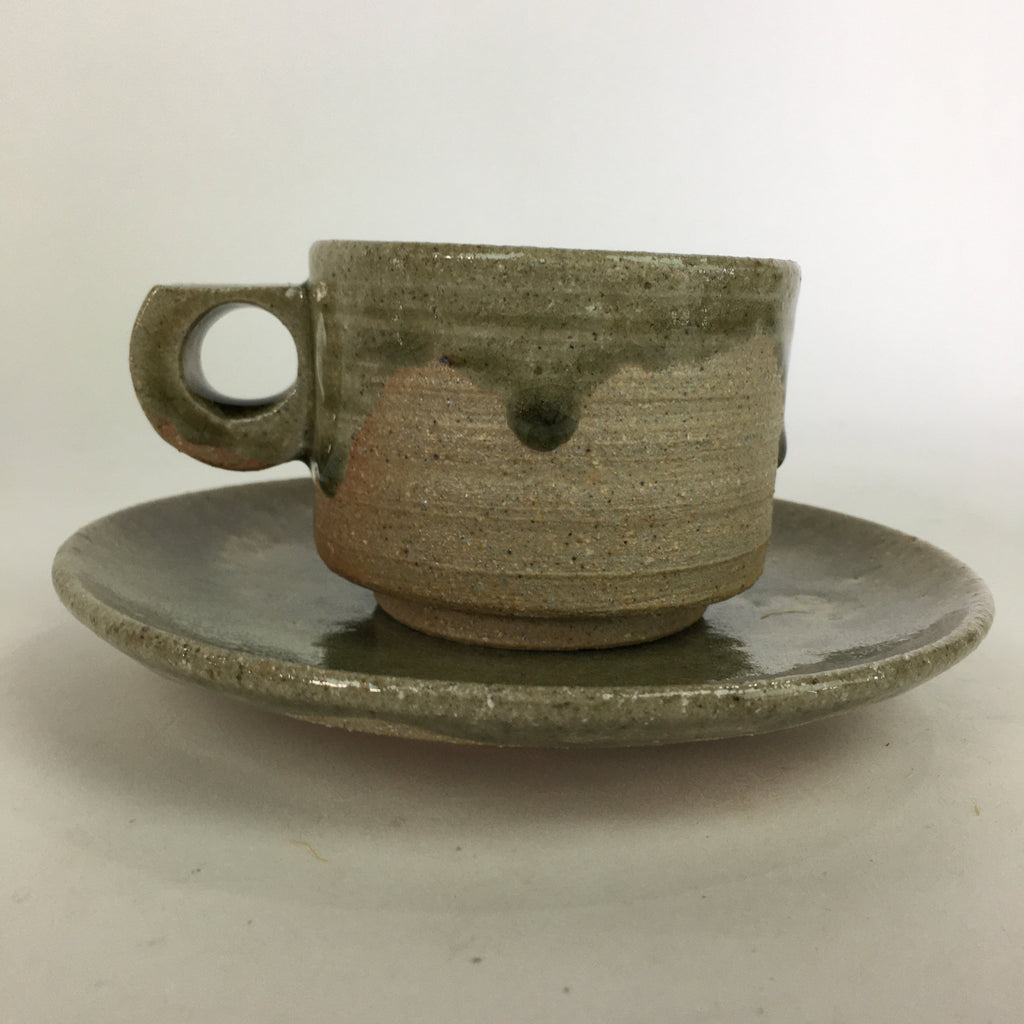 Japanese Ceramic Igayaki Teacup Mug Saucer Vtg Cup Plate Set Green Glaze PP575
