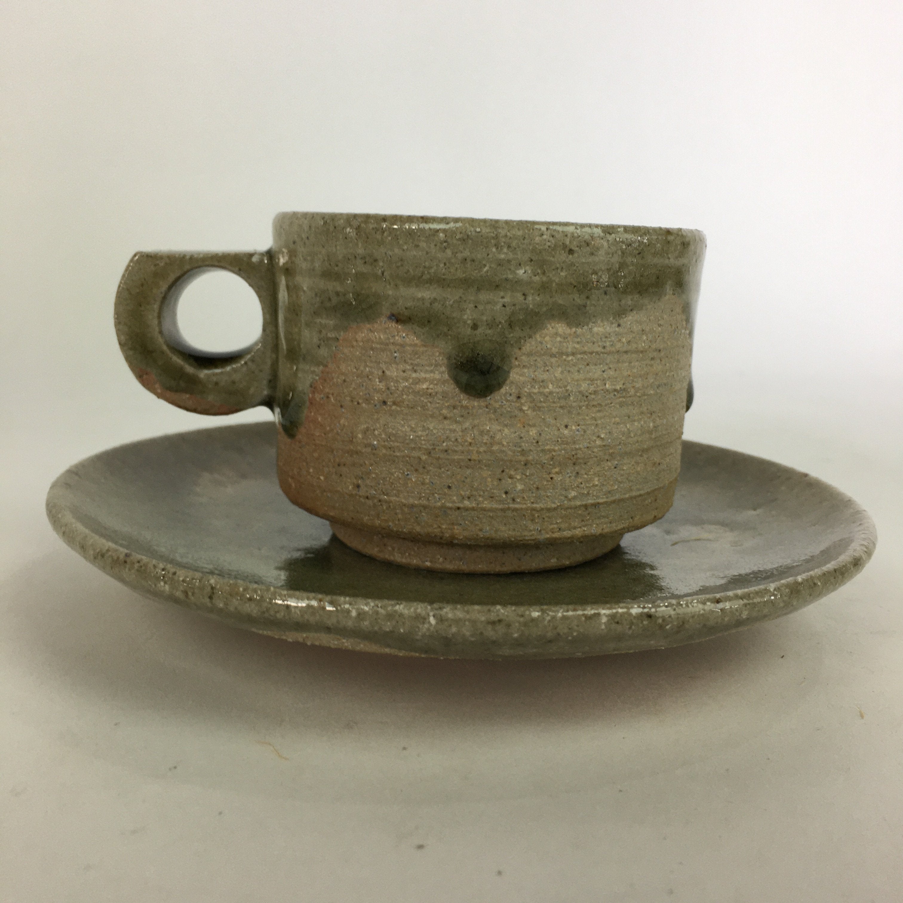 Japanese Ceramic Igayaki Teacup Mug Saucer Vtg Cup Plate Set Green Glaze PP575