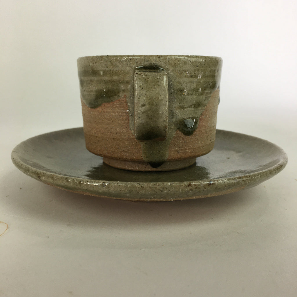 Japanese Ceramic Igayaki Teacup Mug Saucer Vtg Cup Plate Set Green Glaze PP575