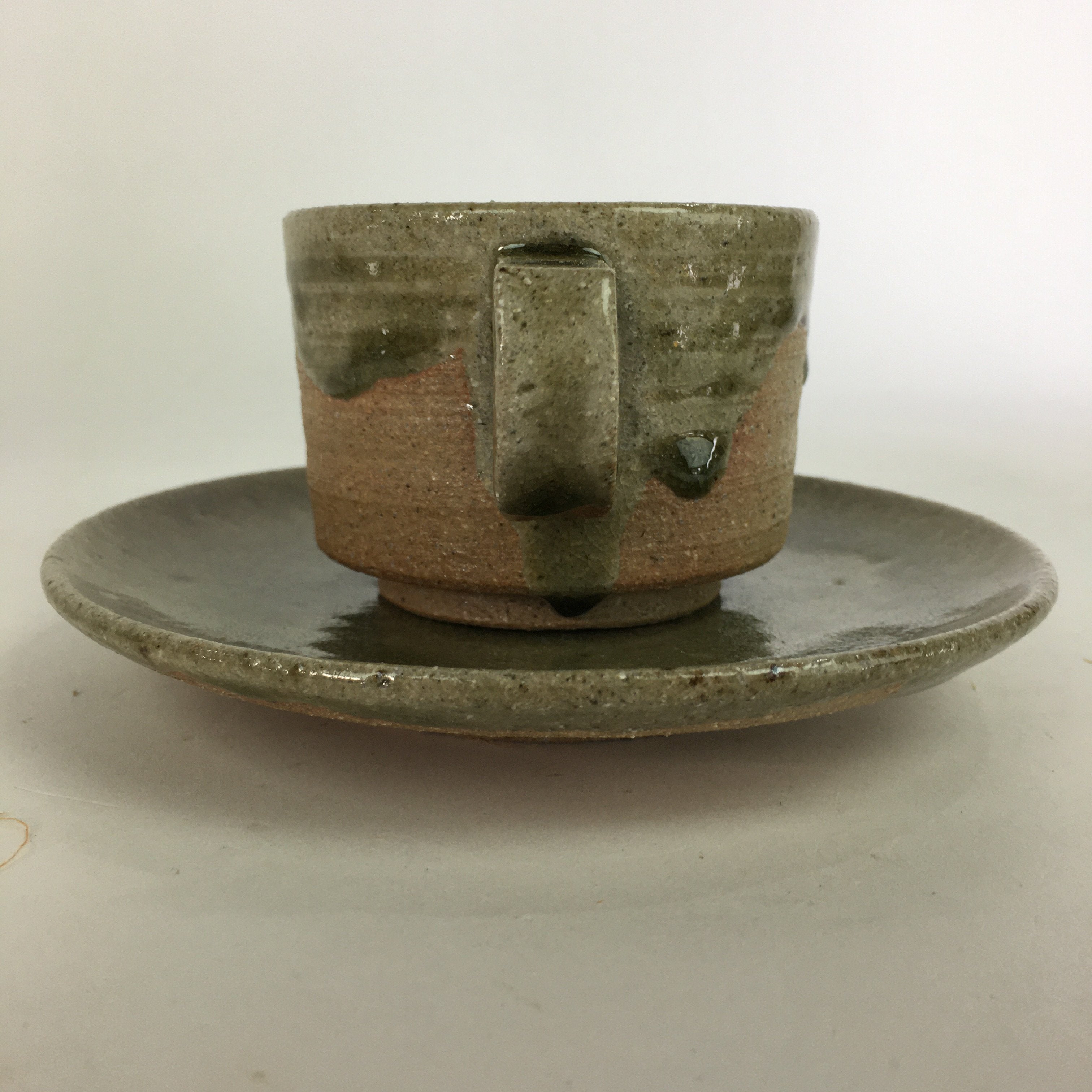 Japanese Ceramic Igayaki Teacup Mug Saucer Vtg Cup Plate Set Green Glaze PP575