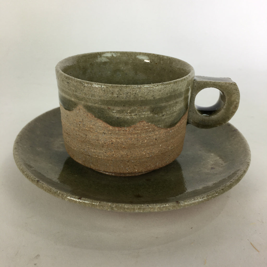 Japanese Ceramic Igayaki Teacup Mug Saucer Vtg Cup Plate Set Green Glaze PP575