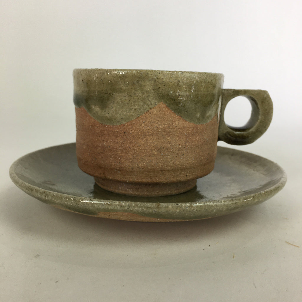 Japanese Ceramic Igayaki Teacup Mug Saucer Vtg Cup Plate Set Green Glaze PP576