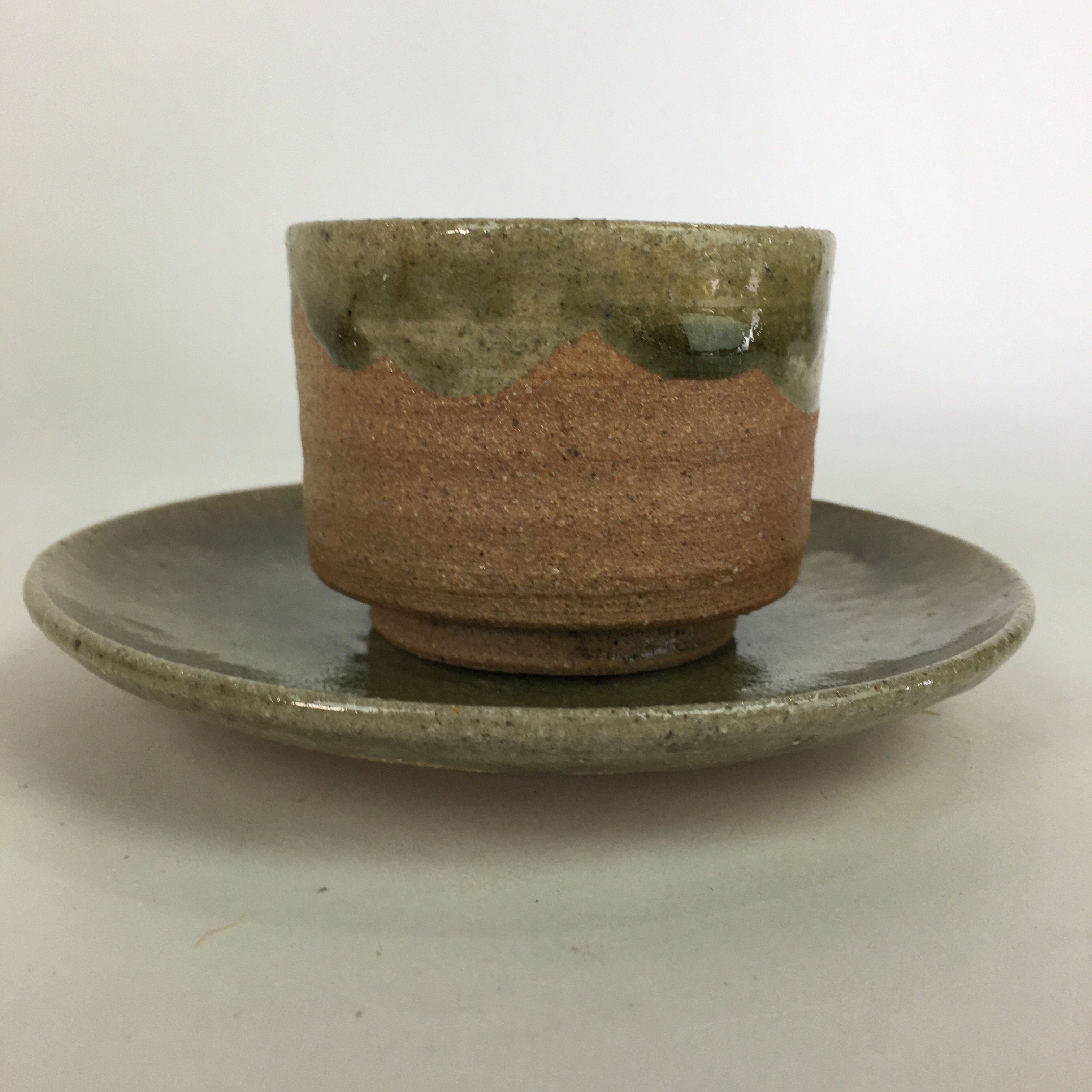 Japanese Ceramic Igayaki Teacup Mug Saucer Vtg Cup Plate Set Green Glaze PP576