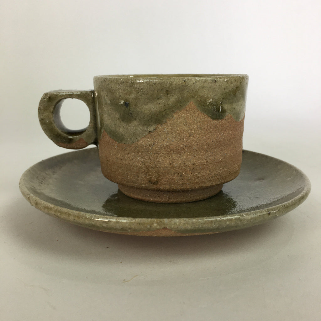 Japanese Ceramic Igayaki Teacup Mug Saucer Vtg Cup Plate Set Green Glaze PP576