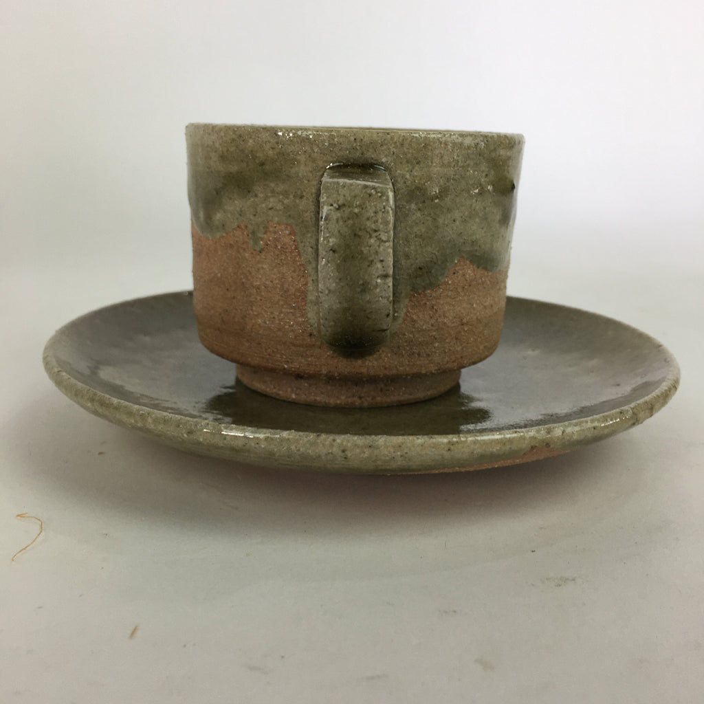 Japanese Ceramic Igayaki Teacup Mug Saucer Vtg Cup Plate Set Green Glaze PP576