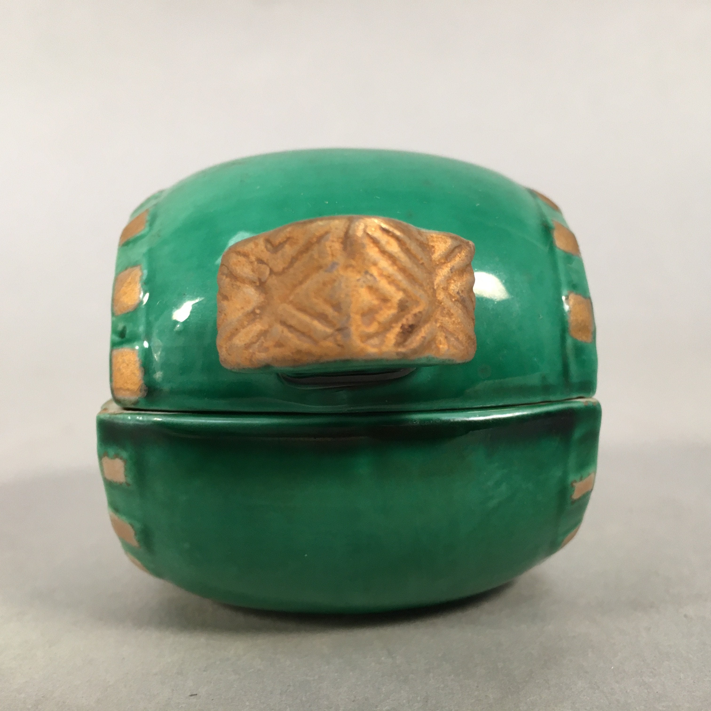Japanese Ceramic Incense Container Vtg Pottery Kogo Lucky Hammer Green PP409