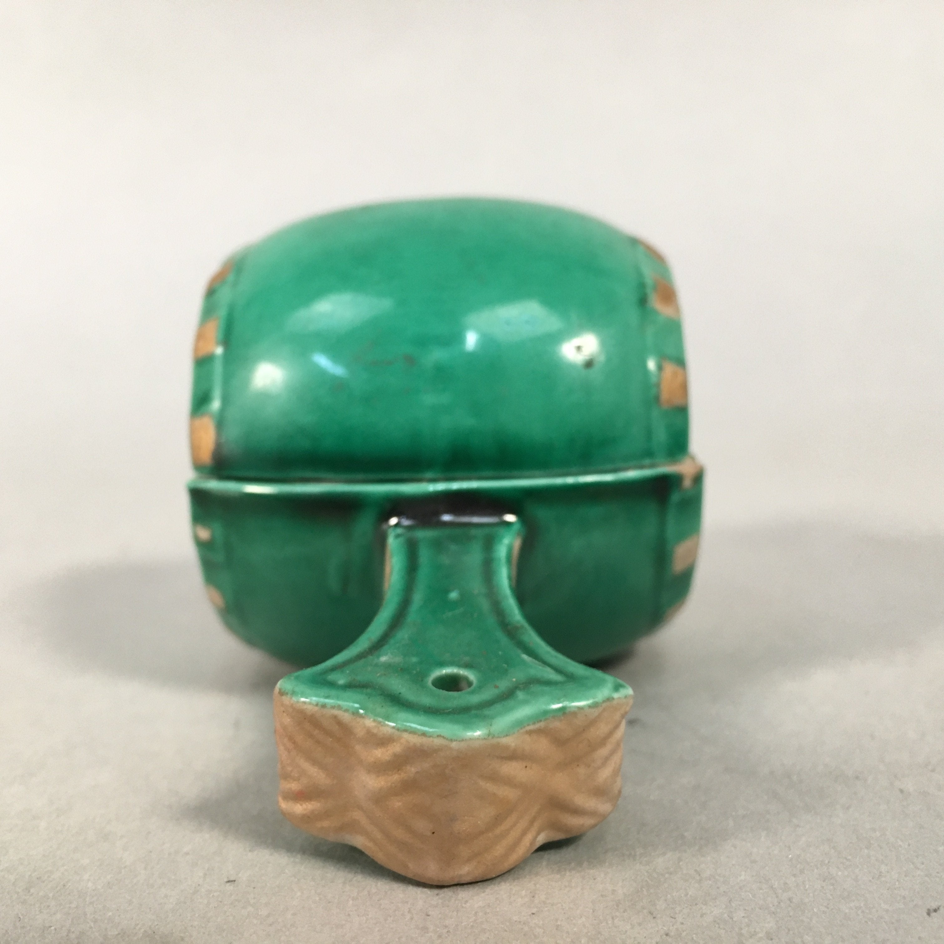 Japanese Ceramic Incense Container Vtg Pottery Kogo Lucky Hammer Green PP409