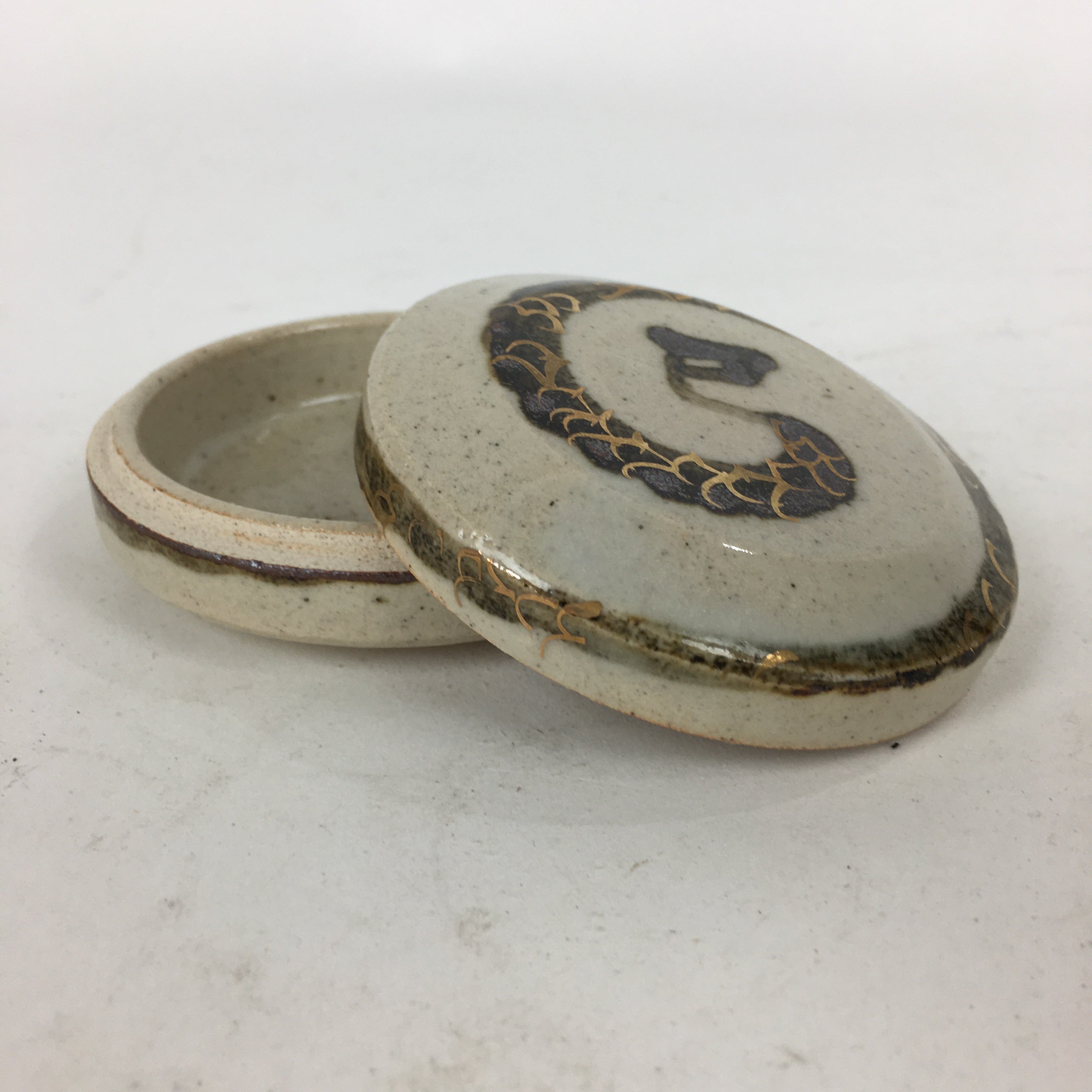 Japanese Ceramic Incense Container Vtg Pottery Kogo Round Zodiac Snake PP778