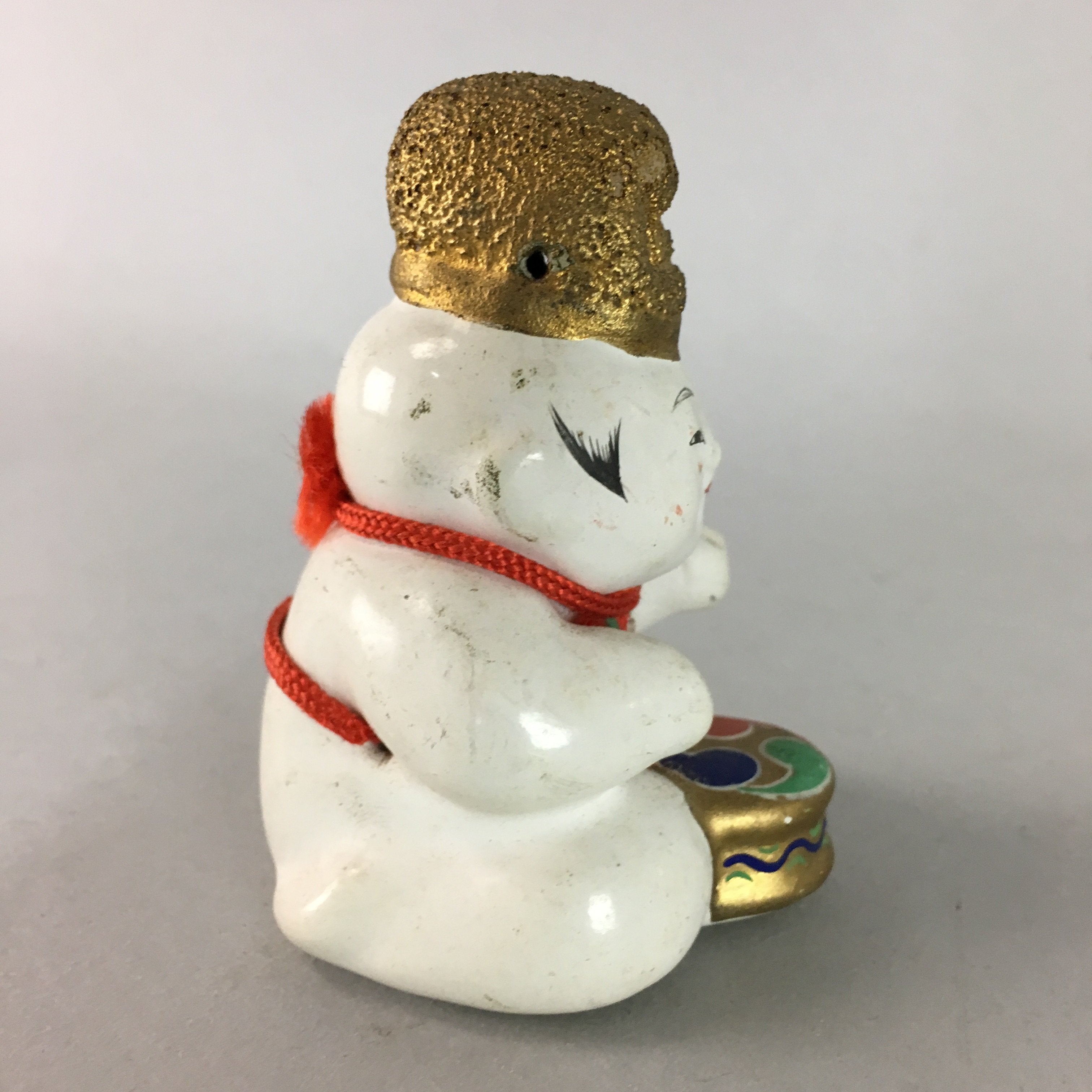 Japanese Ceramic Kokeshi Doll Vtg Pottery Figurine Child Playing Drum Bib KF183