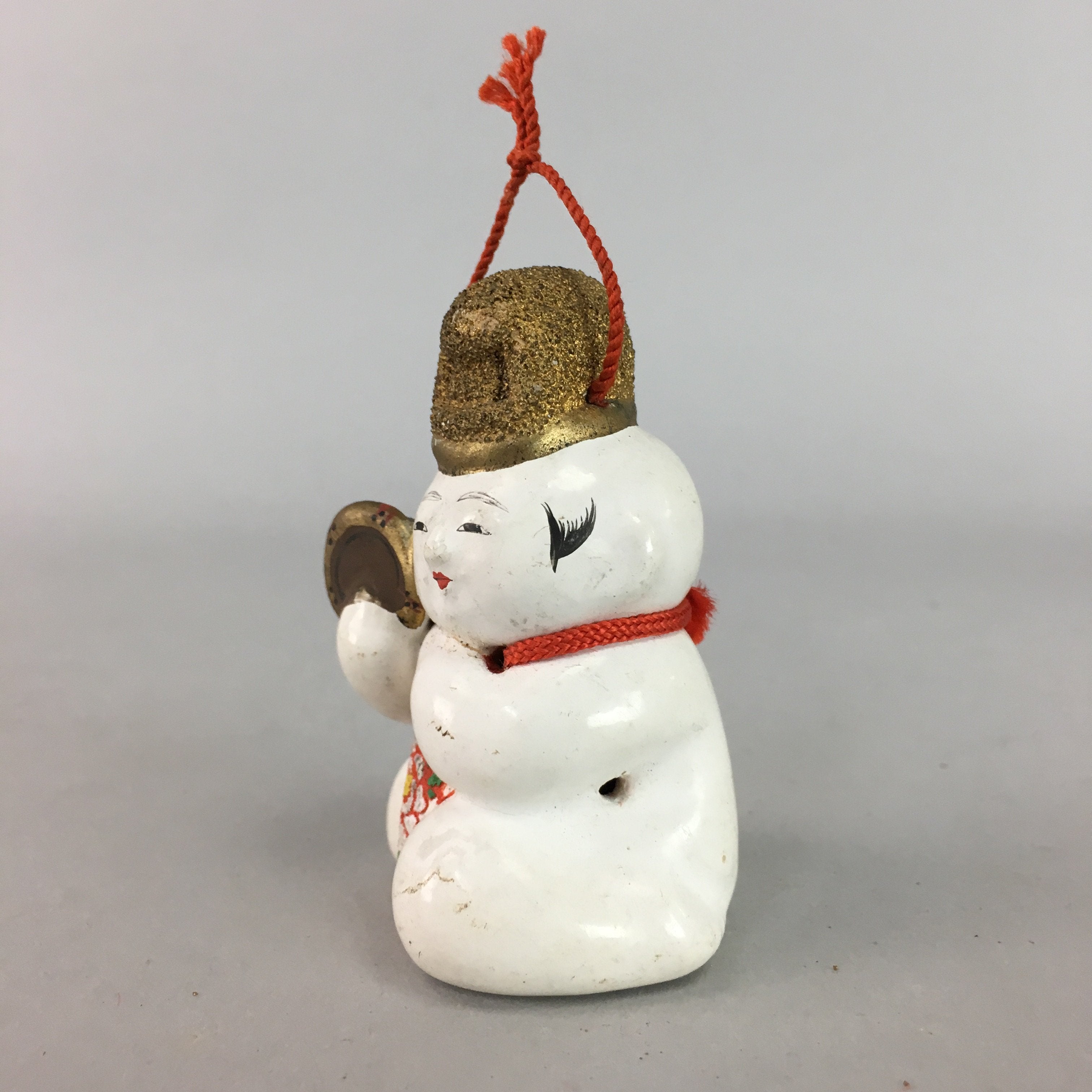 Japanese Ceramic Kokeshi Doll Vtg Pottery Figurine Child Playing Drum Bib KF185