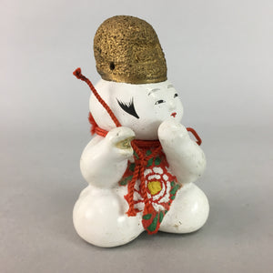 Japanese Ceramic Kokeshi Doll Vtg Pottery Figurine Child Playing Flute Bib KF184
