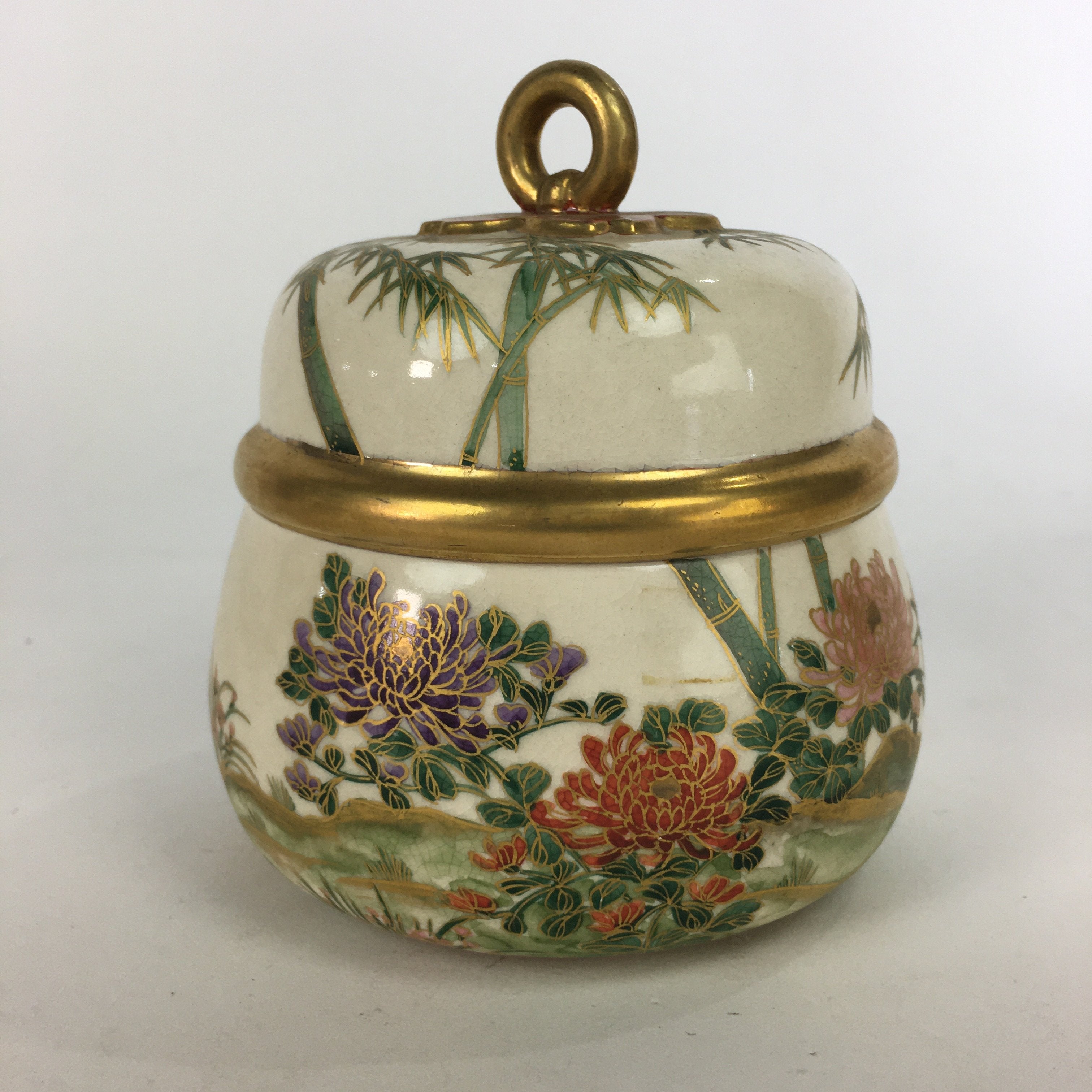 Japanese Ceramic Kutani Ware Lidded Pot Jar Tsubo Vtg Pottery Flower Pattern PP5