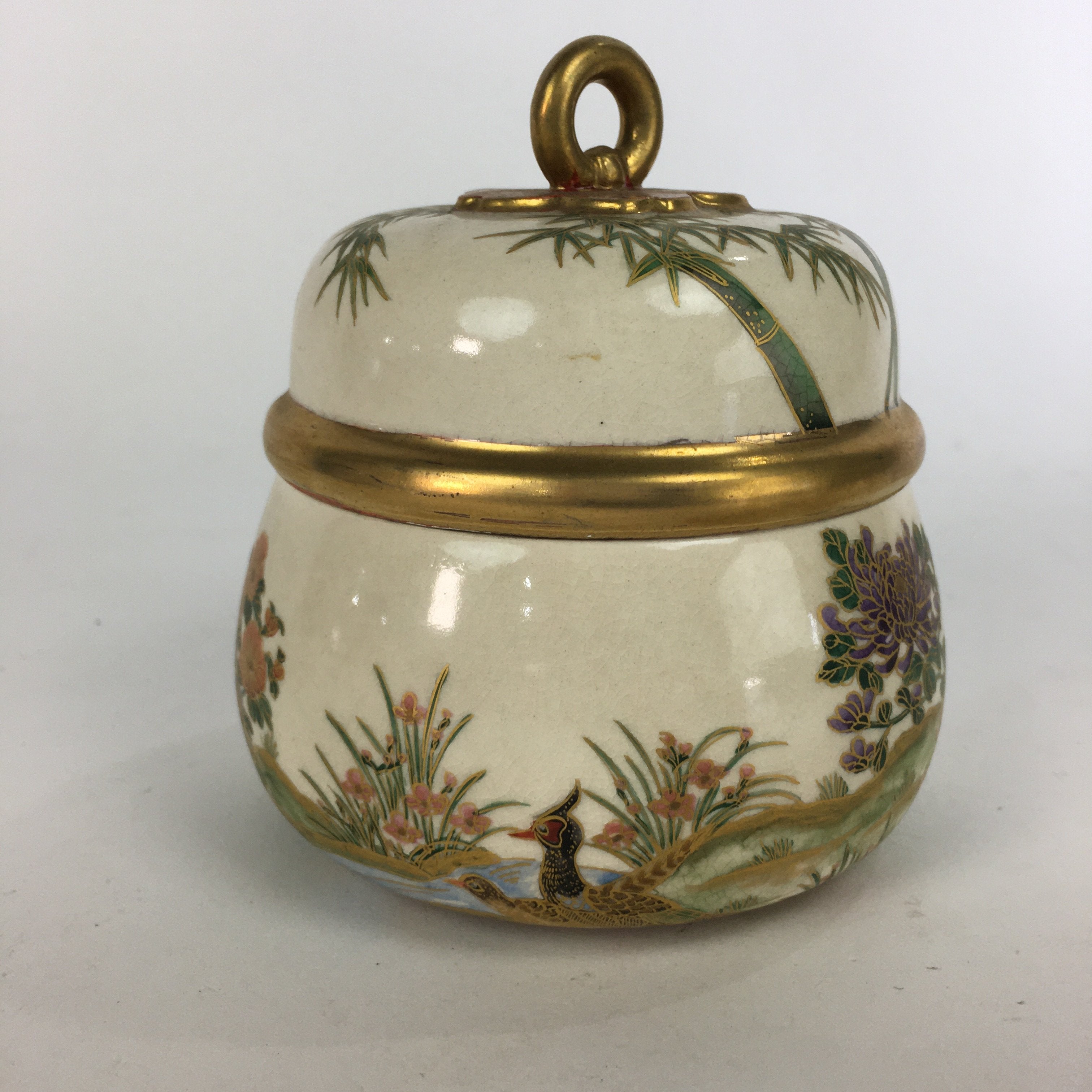 Japanese Ceramic Kutani Ware Lidded Pot Jar Tsubo Vtg Pottery Flower Pattern PP5
