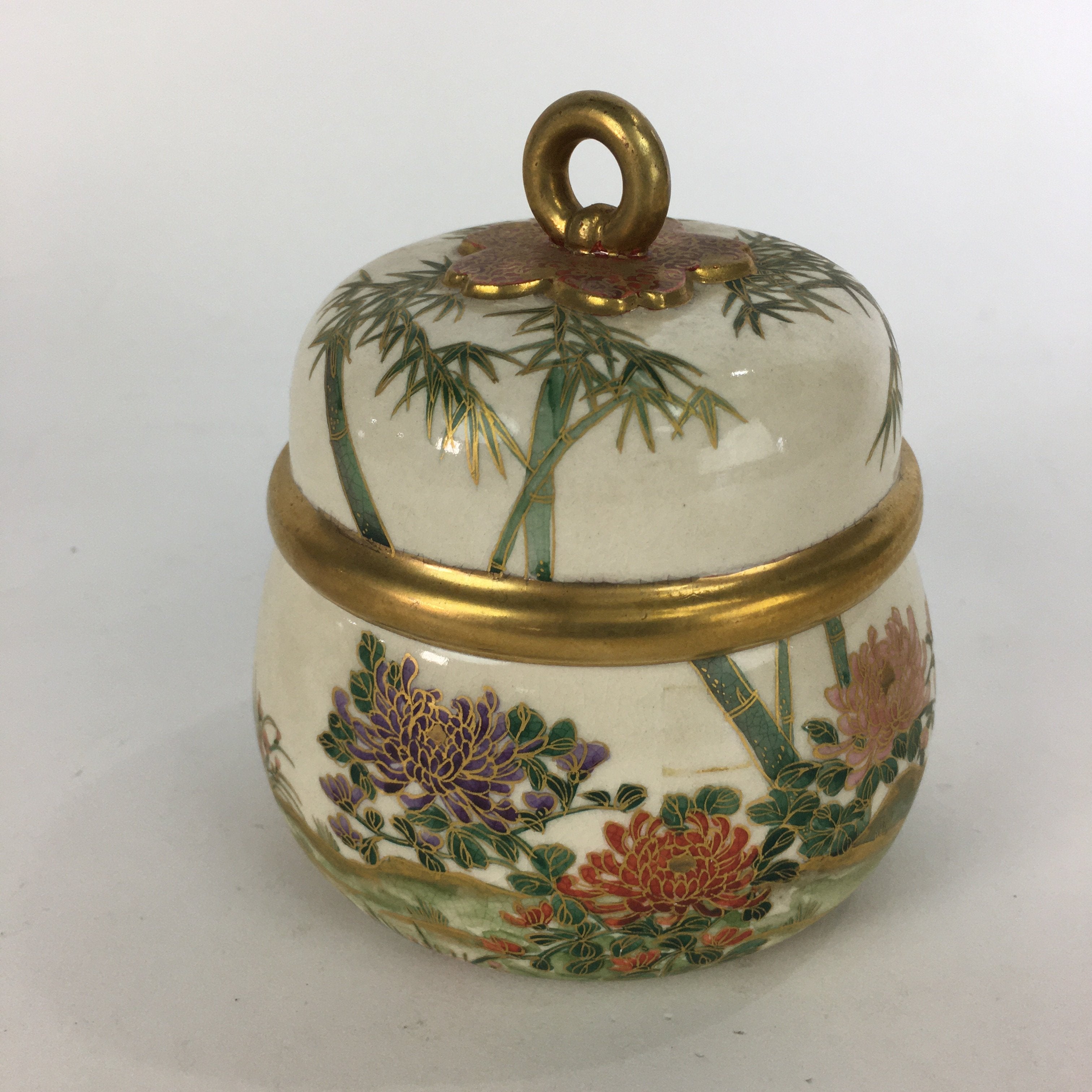 Japanese Ceramic Kutani Ware Lidded Pot Jar Tsubo Vtg Pottery Flower Pattern PP5