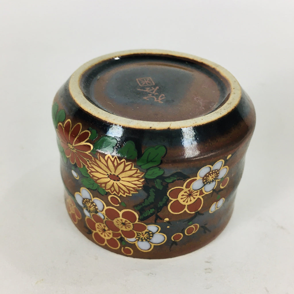Japanese Ceramic Kutani Ware Sake Cup Vtg Guinomi Ochoko Brown Flowers GU905