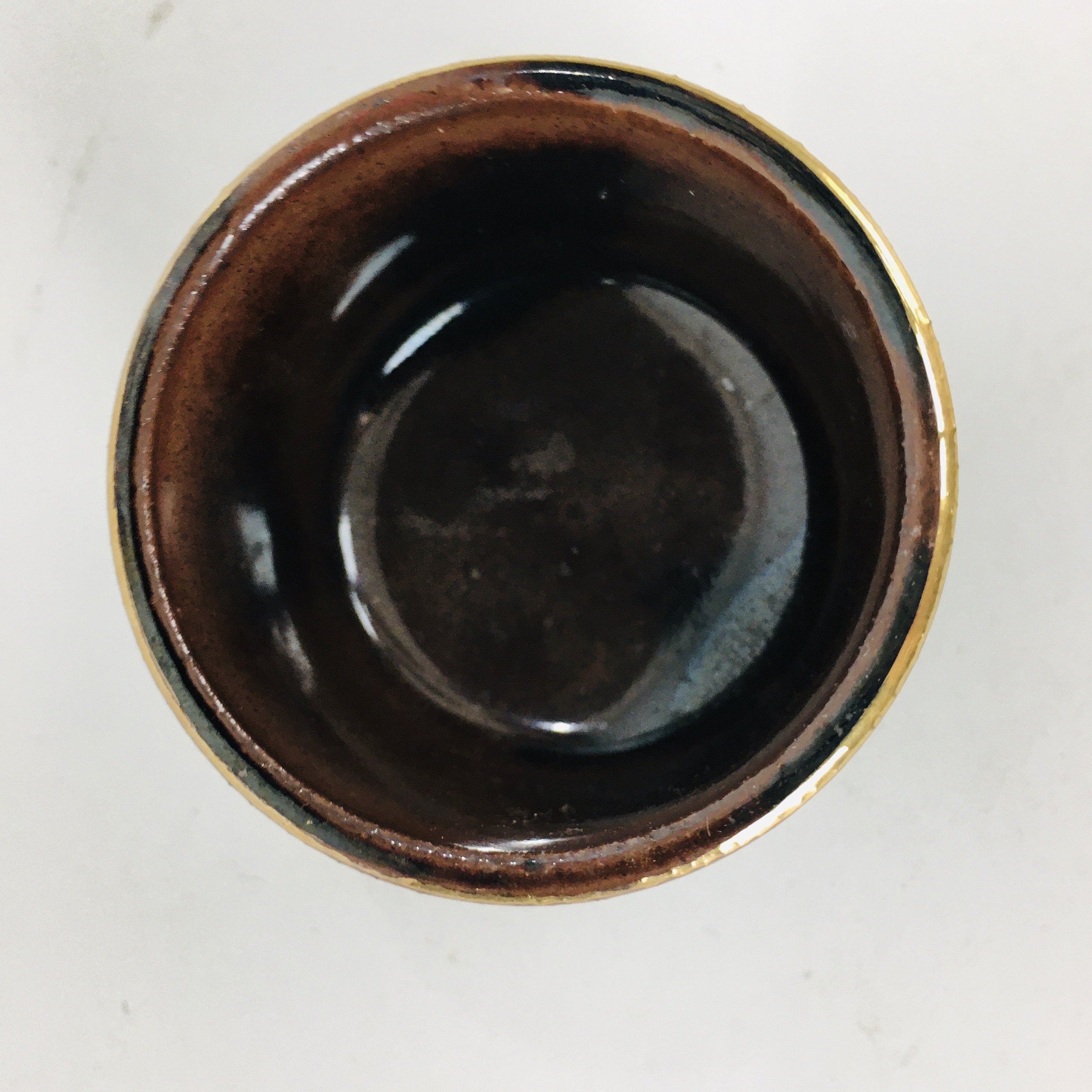 Japanese Ceramic Kutani Ware Sake Cup Vtg Guinomi Ochoko Brown Flowers GU905