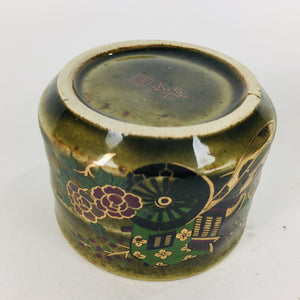 Japanese Ceramic Kutani Ware Sake Cup Vtg Guinomi Ochoko Rickshaw Flowers GU913