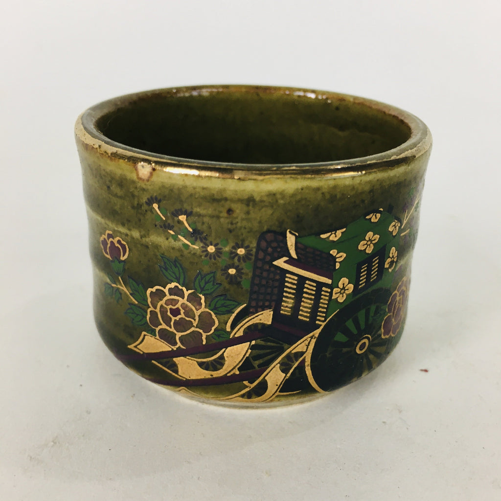 Japanese Ceramic Kutani Ware Sake Cup Vtg Guinomi Ochoko Rickshaw Flowers GU913