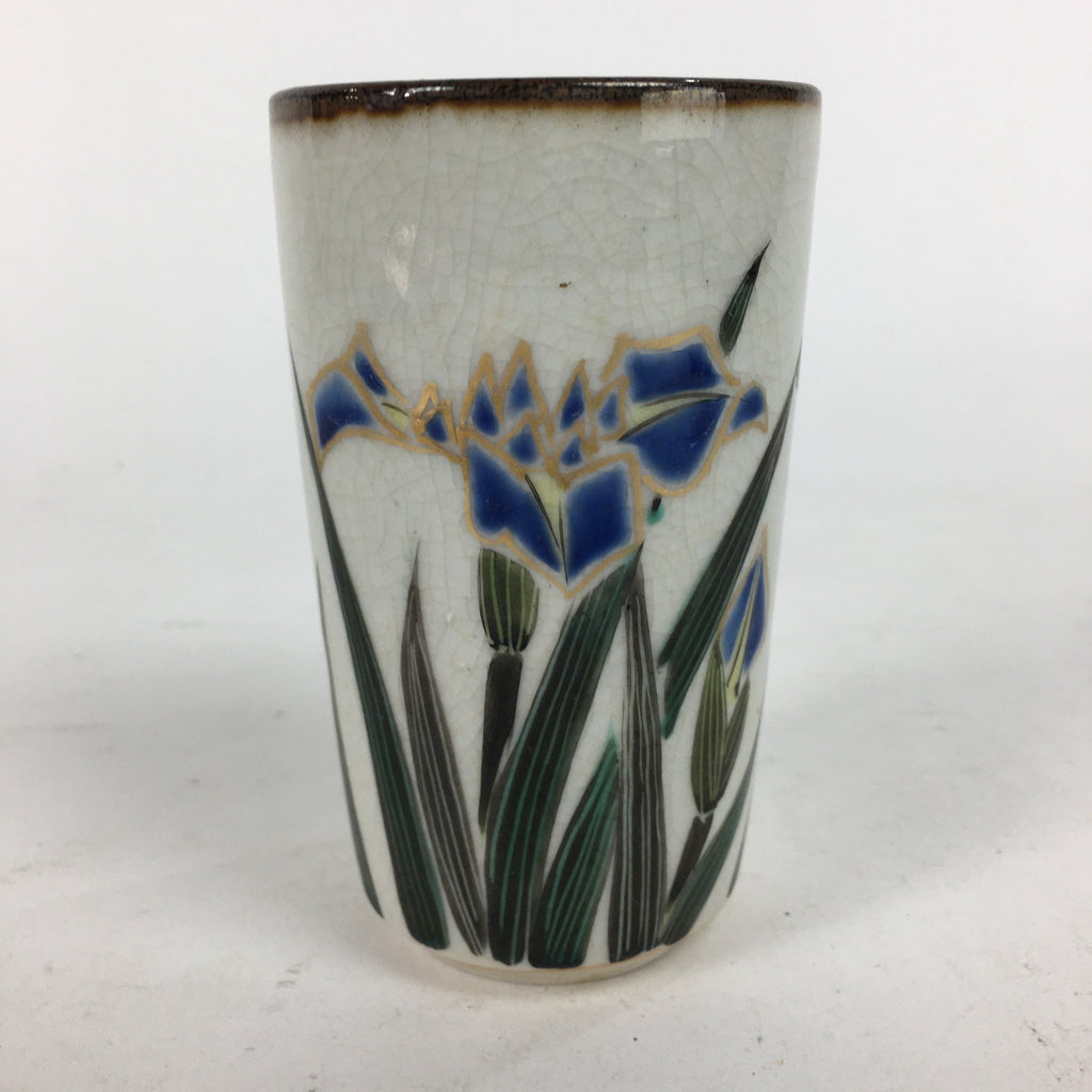 Japanese Ceramic Kutani Ware Teacup Yunomi Vtg Blue Iris Design Sencha TC229