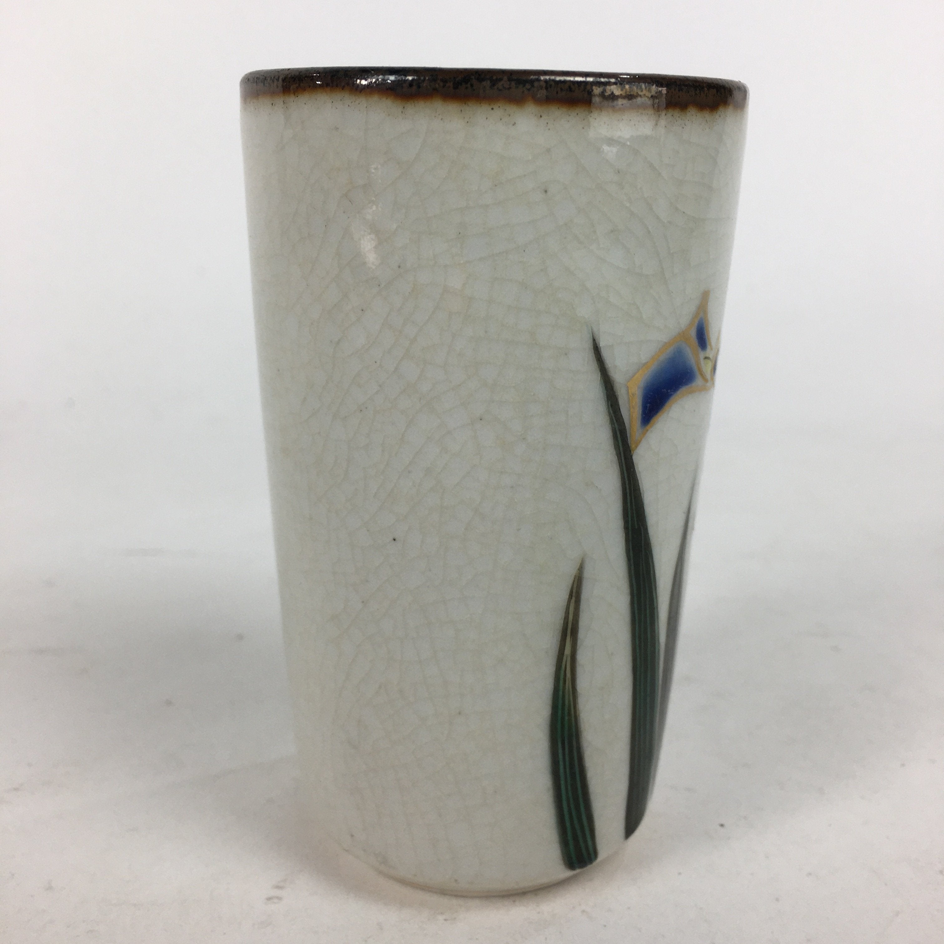 Japanese Ceramic Kutani Ware Teacup Yunomi Vtg Blue Iris Design Sencha TC229