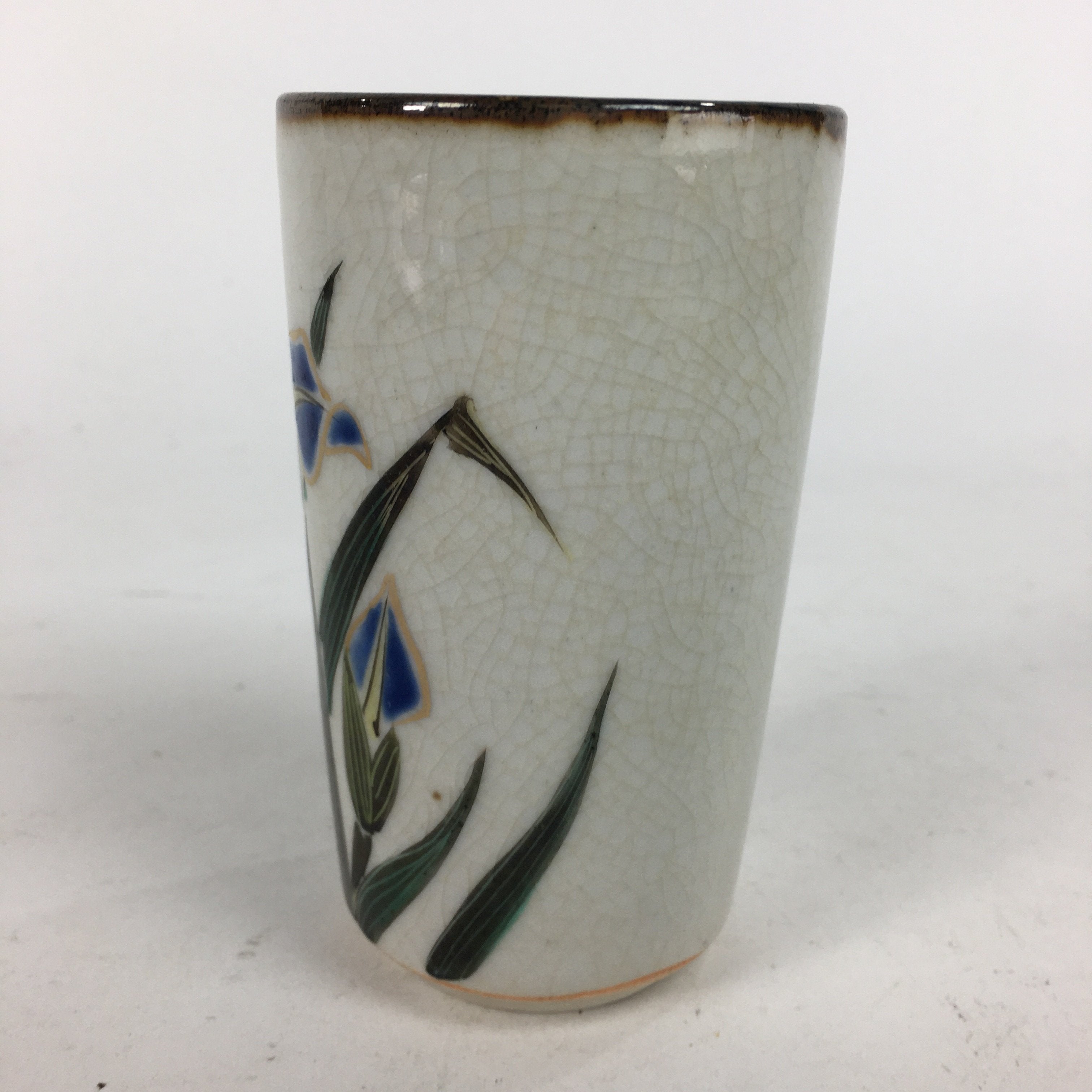 Japanese Ceramic Kutani Ware Teacup Yunomi Vtg Blue Iris Design Sencha TC229