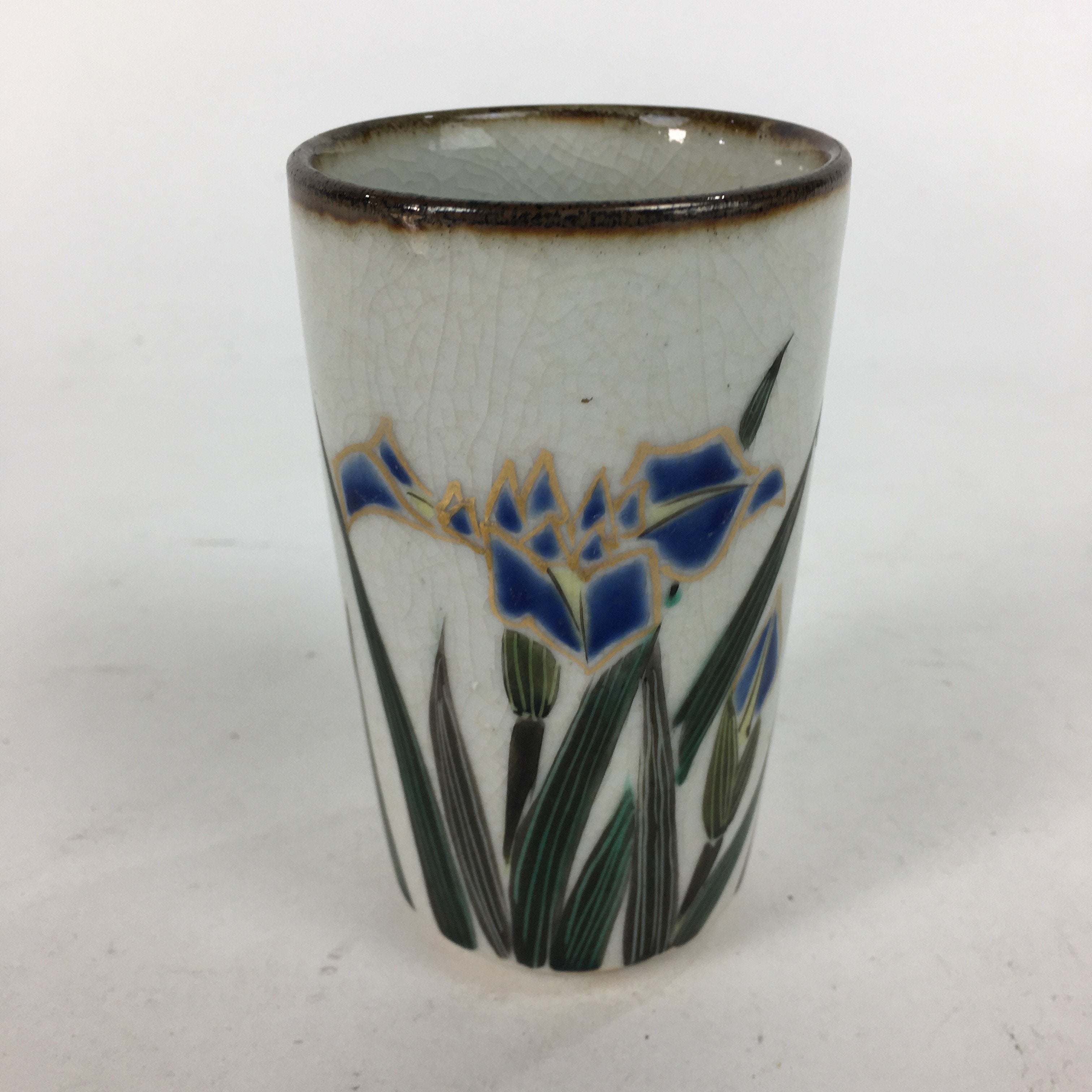Japanese Ceramic Kutani Ware Teacup Yunomi Vtg Blue Iris Design Sencha TC229