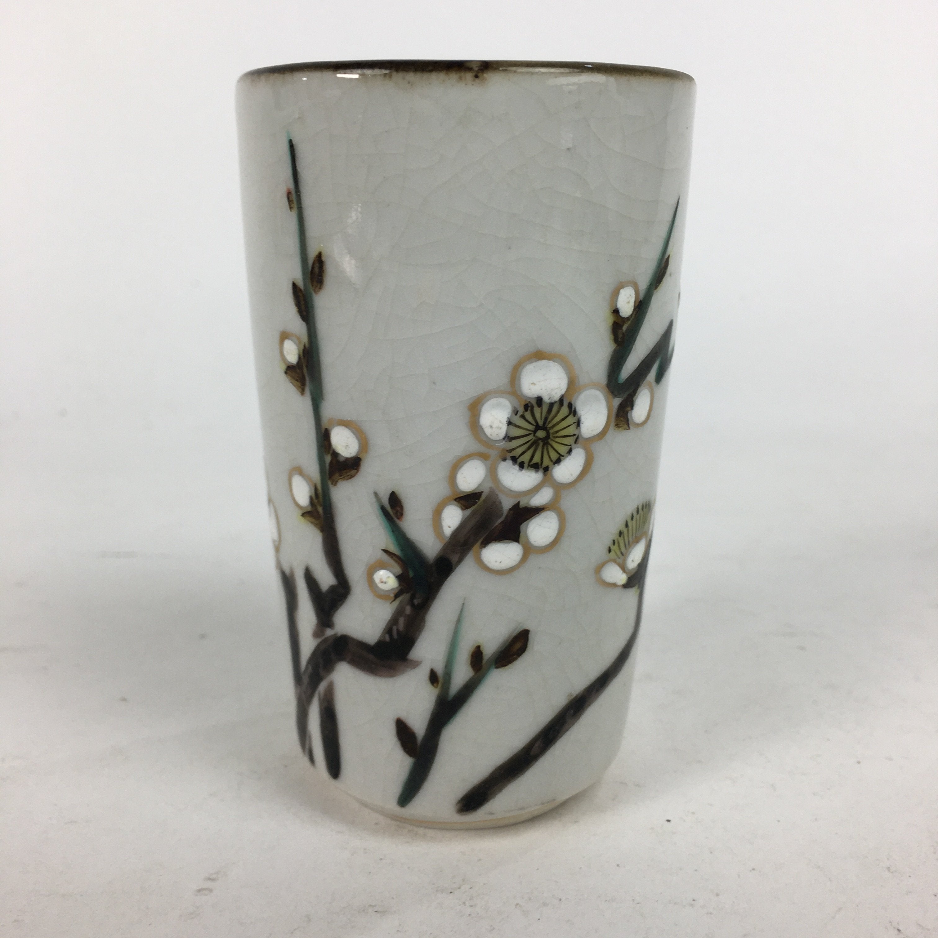 Japanese Ceramic Kutani Ware Teacup Yunomi Vtg White Plum Blossom Sencha TC230