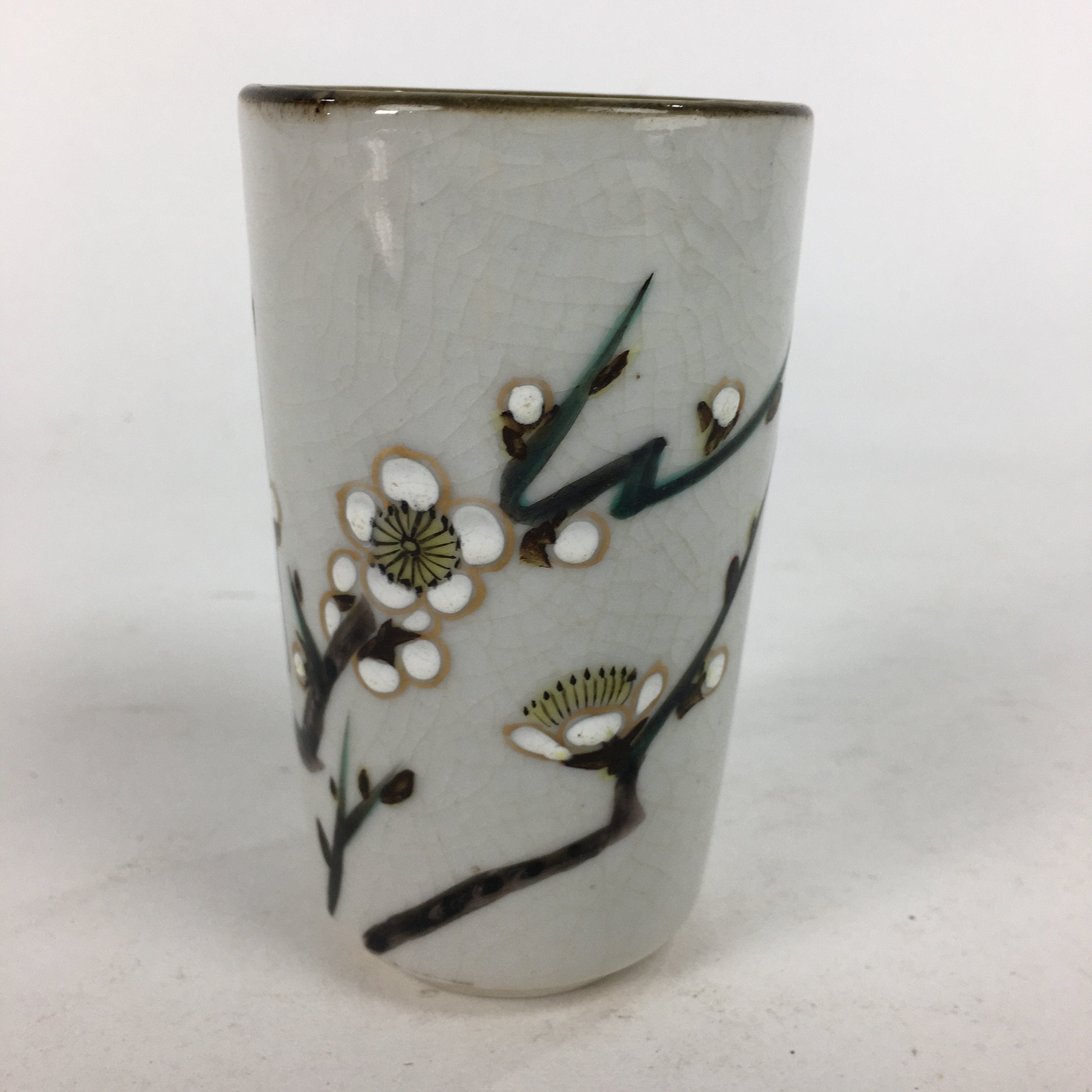 Japanese Ceramic Kutani Ware Teacup Yunomi Vtg White Plum Blossom Sencha TC230