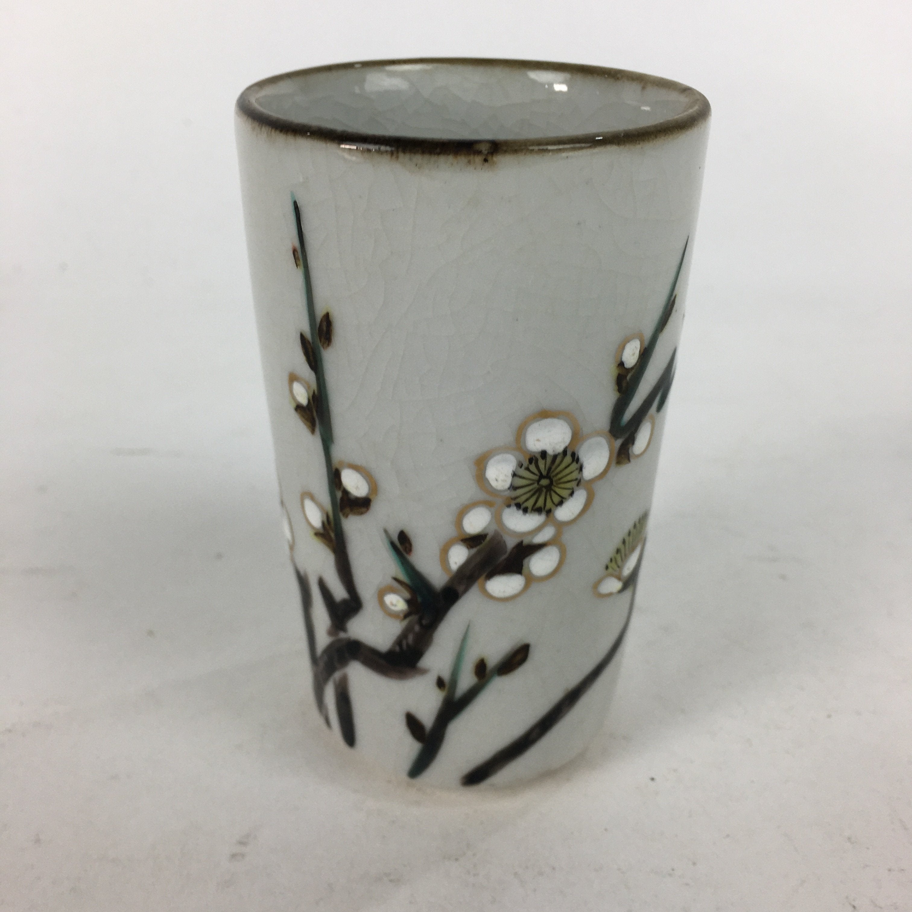 Japanese Ceramic Kutani Ware Teacup Yunomi Vtg White Plum Blossom Sencha TC230