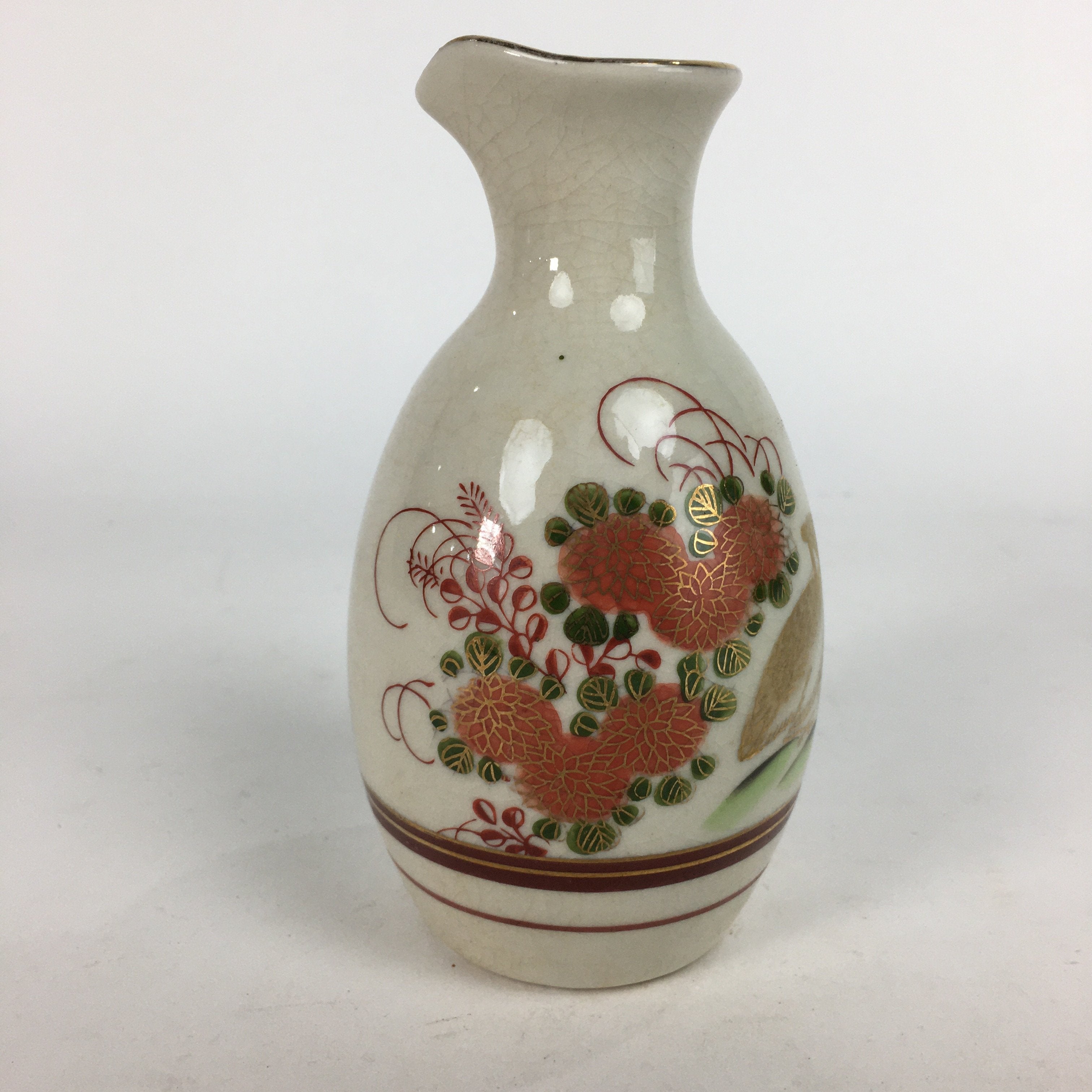 Japanese Ceramic Kutani ware Sake Bottle Tokkuri Vtg Pottery Flower Bird Design