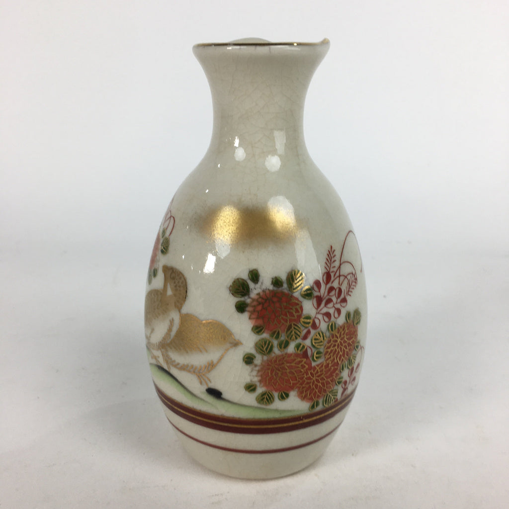 Japanese Ceramic Kutani ware Sake Bottle Tokkuri Vtg Pottery Flower Bird Design