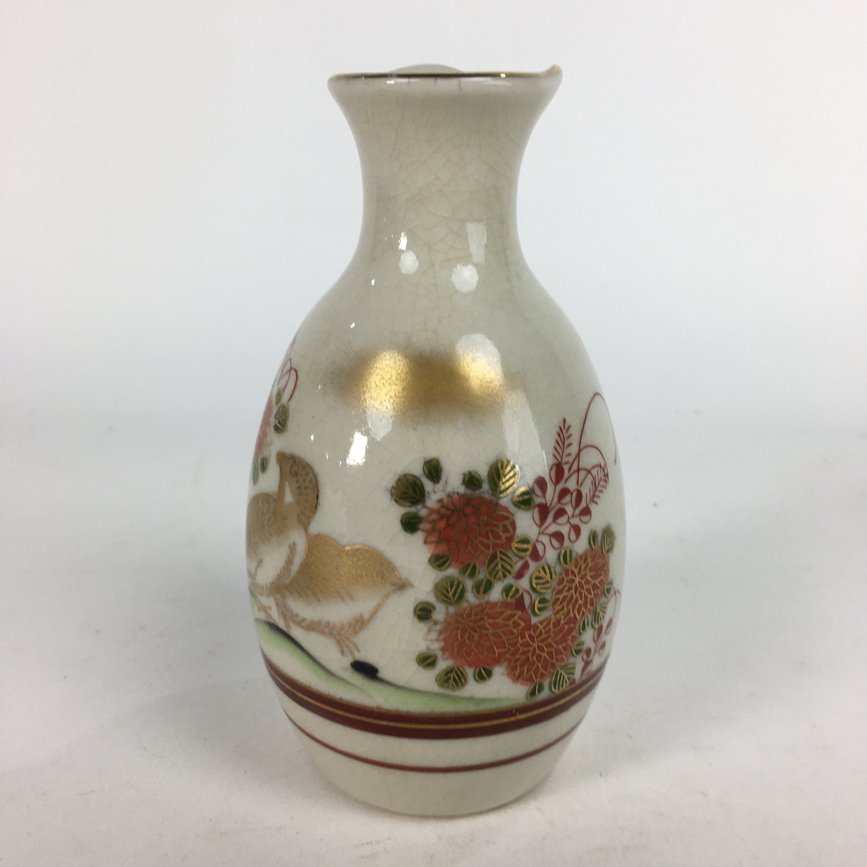 Japanese Ceramic Kutani ware Sake Bottle Tokkuri Vtg Pottery Flower Bird Design