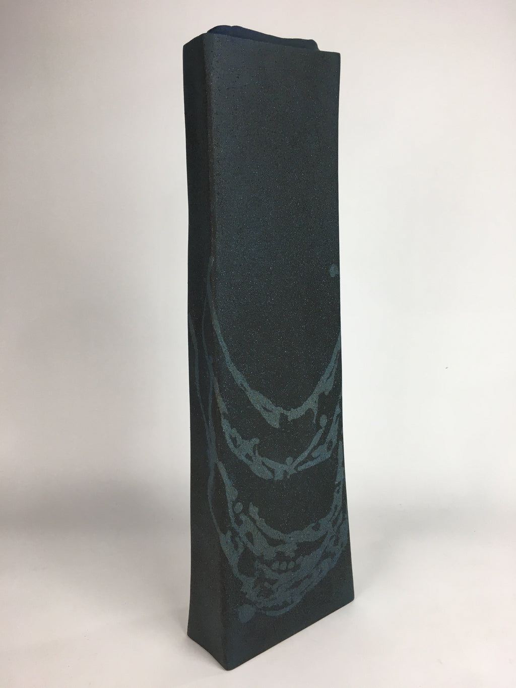 Japanese Ceramic Large Flower Vase Kabin Vtg Pottery Bluish Black Ikebana FV925