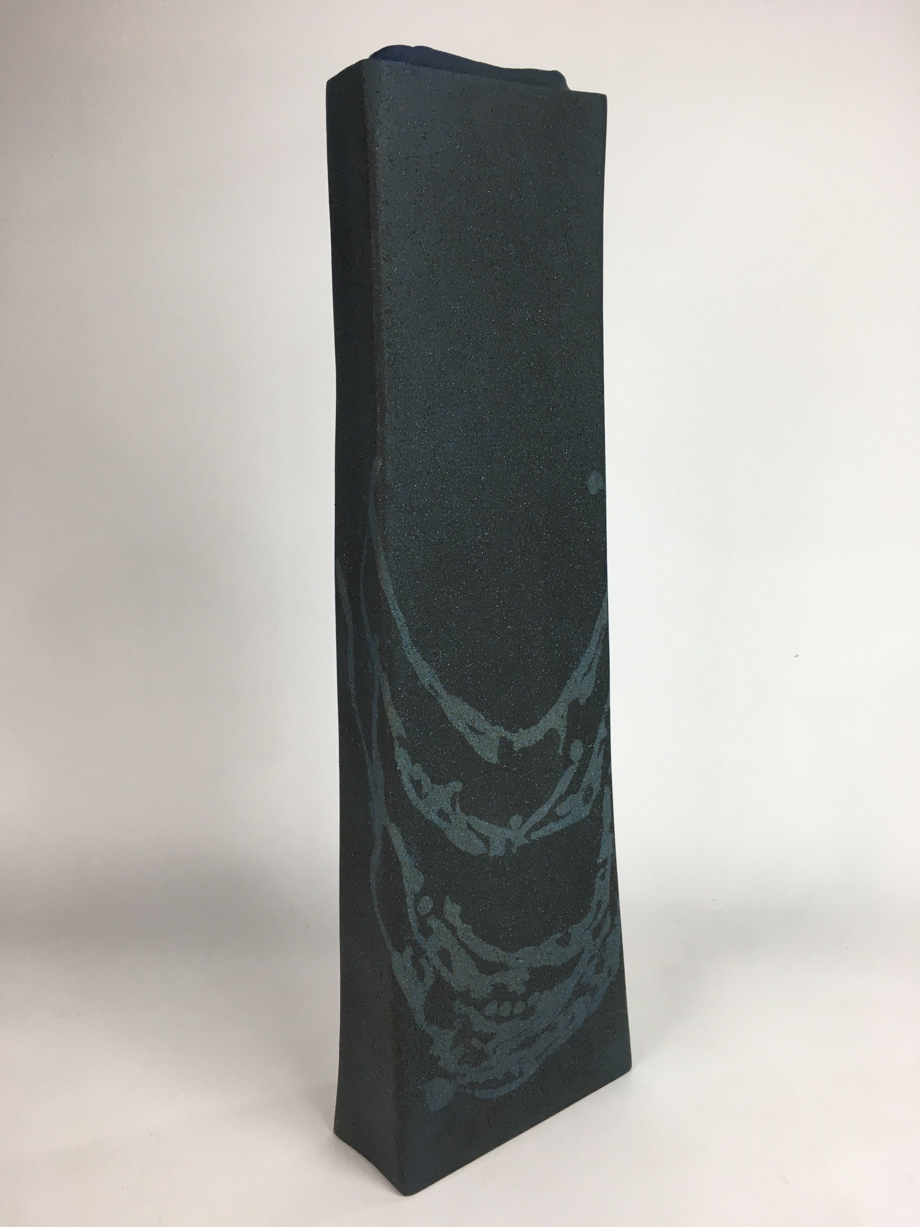 Japanese Ceramic Large Flower Vase Kabin Vtg Pottery Bluish Black Ikebana FV925