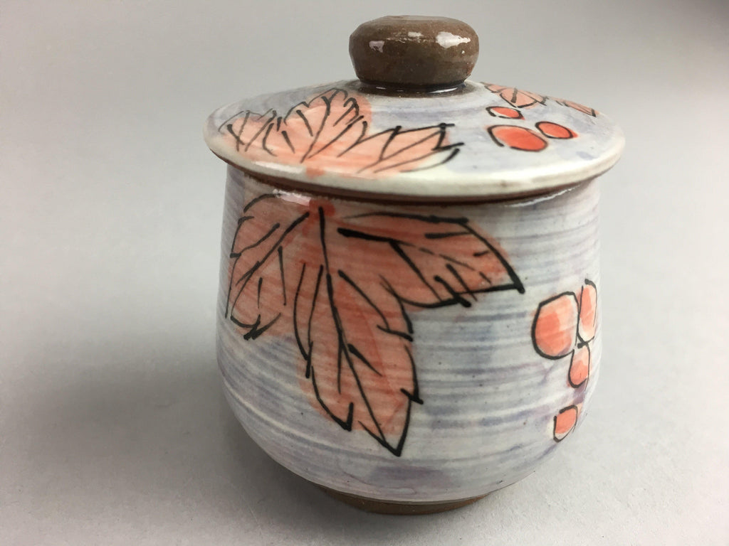 Japanese Ceramic Lidded Pot Jar Iremono Tsubo Orange Leaf Gray Vtg Pottery PT24